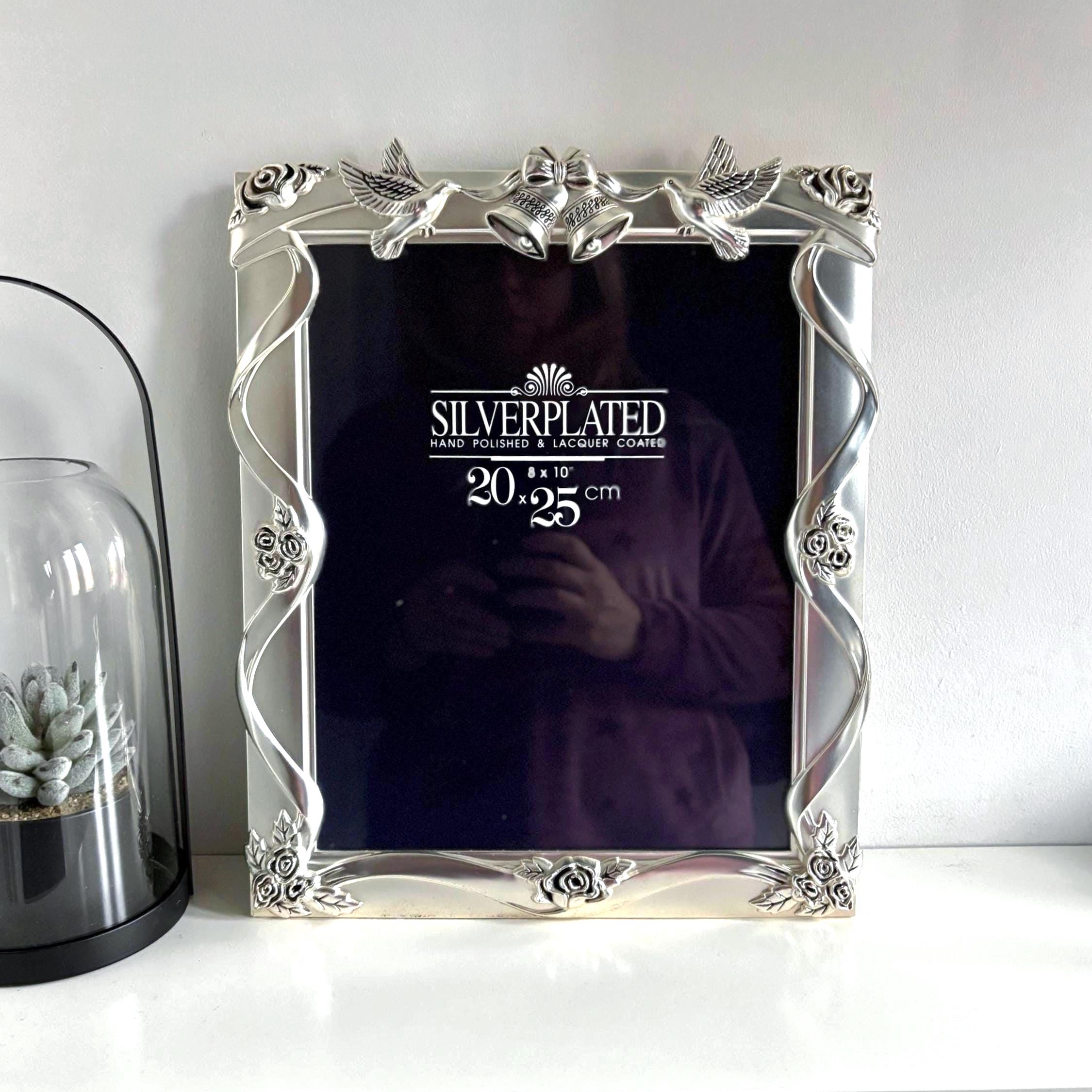 Silver-Plated Wedding Photo Frame 8×10" | Doves, Bells & Roses | Lacquered Anti-Tarnish