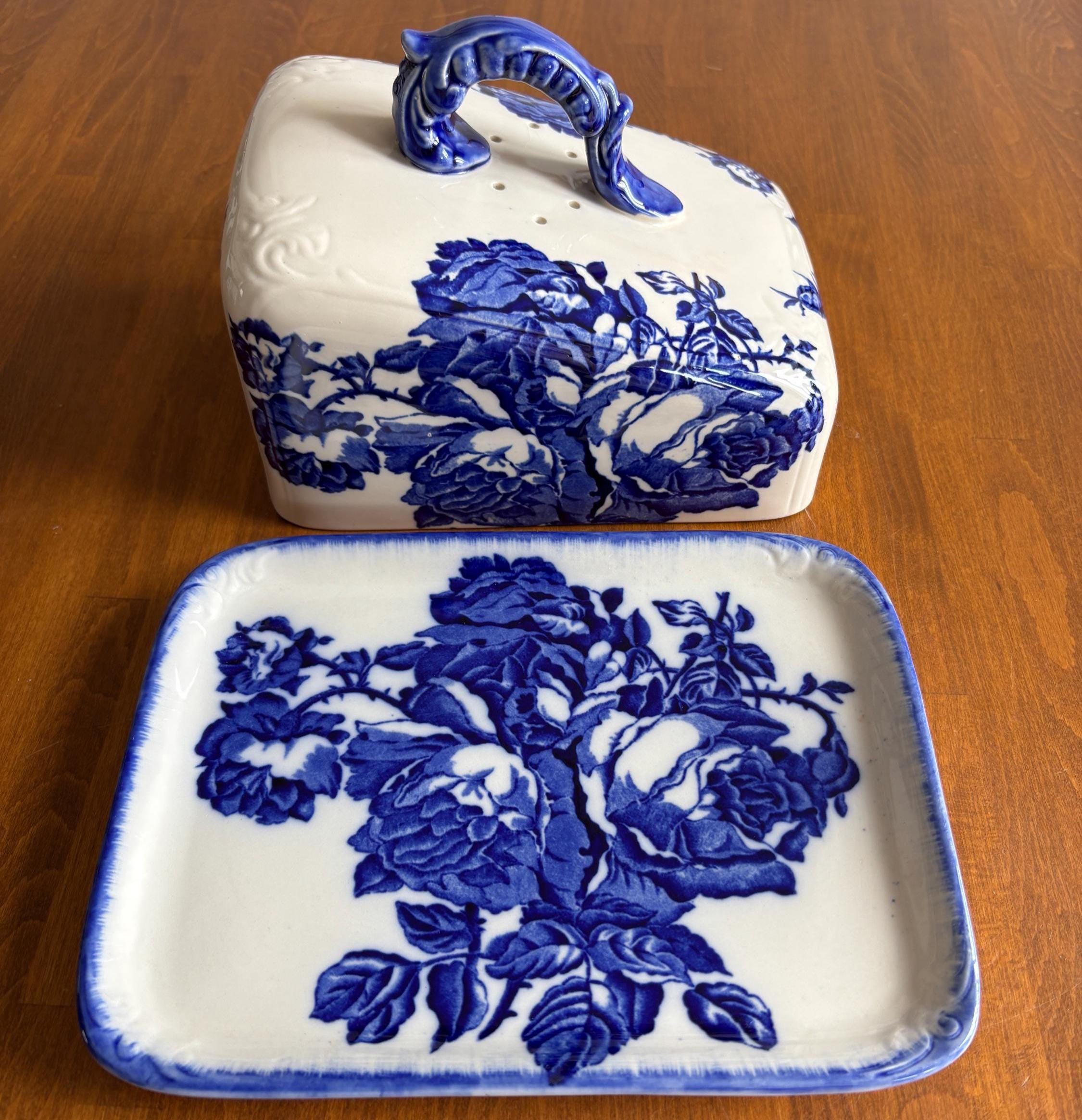 Vintage Blakeney Blue Transfer-ware Cheese Keeper Ironstone Cheese Dish Staffordshire England