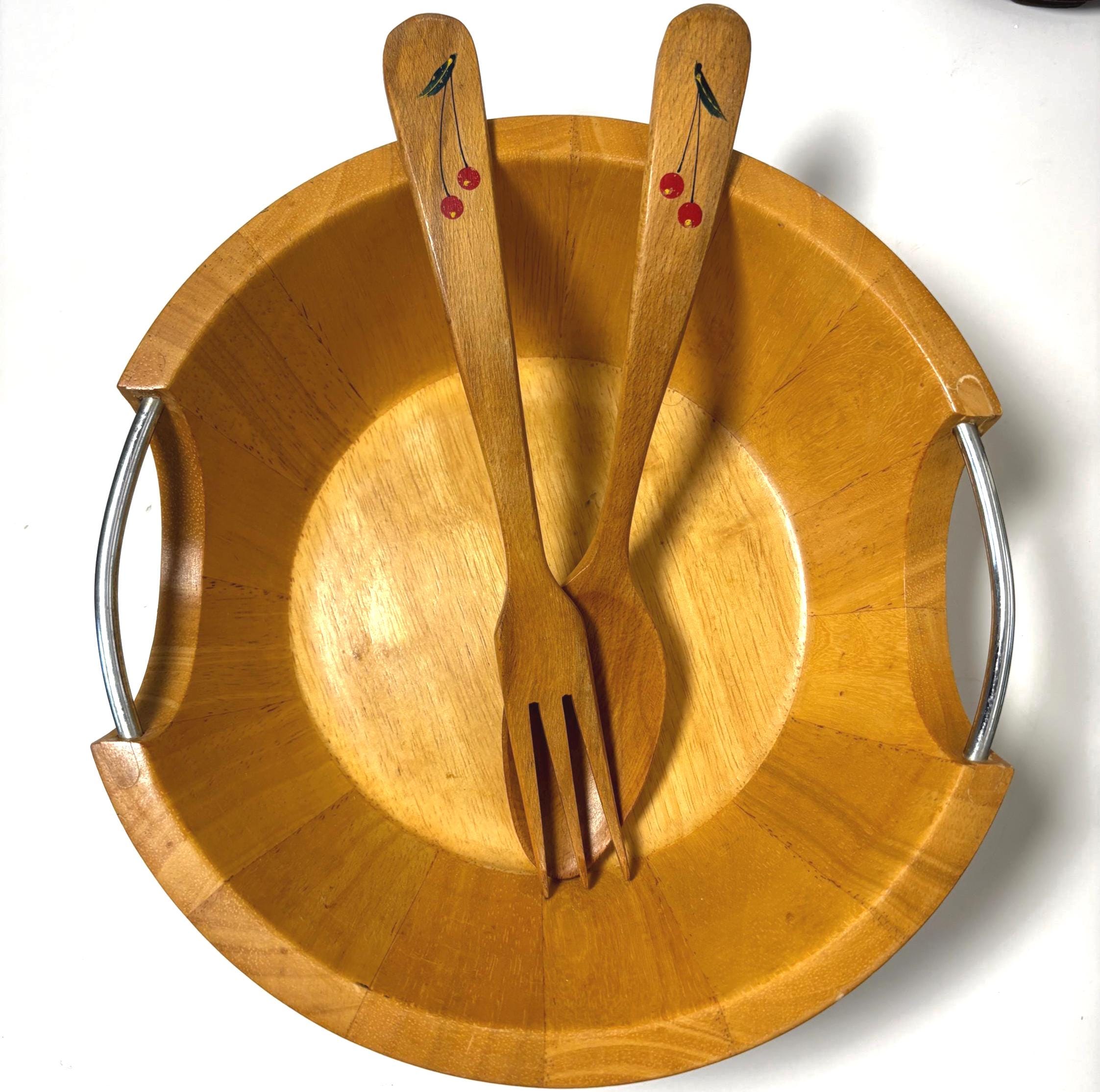 Vintage Wooden Salad Server Set Hand Painted Spoon Fork Kitchen Serving Utensils Pair Decor