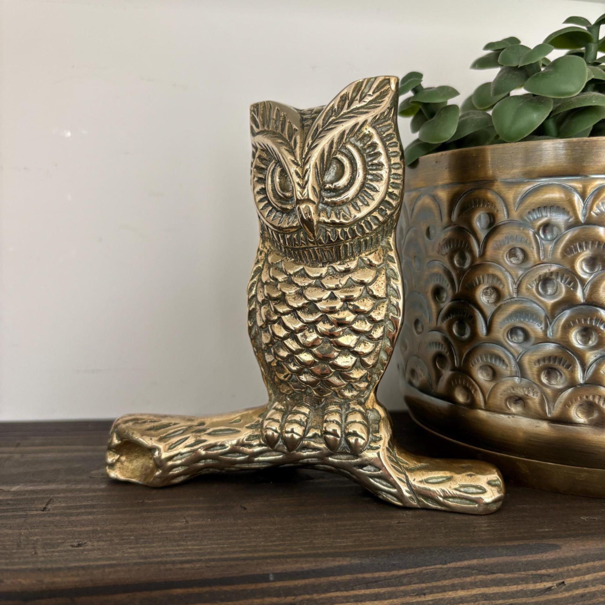 Vintage Solid Brass Owl on Branch Wise Owl Figurine Woodland Bird Sculpture Shelf Decor