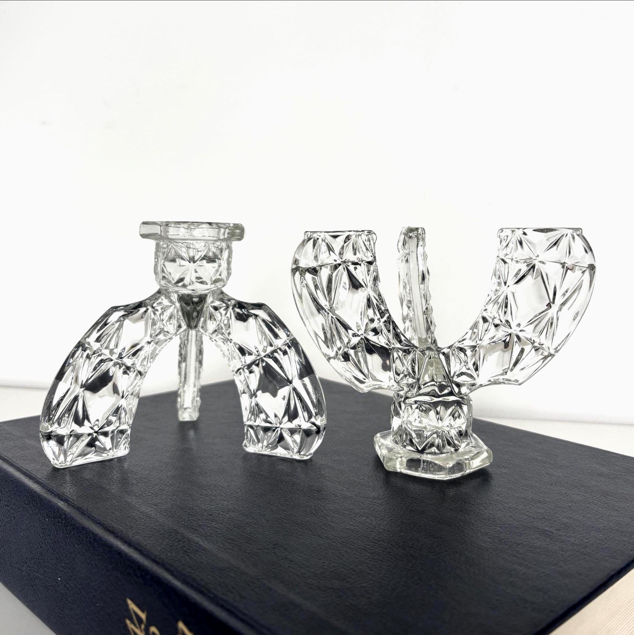 Vintage Glass Candlesticks Pair Art Deco Style Tripod Candle Holders Crystal Cut Design Decor