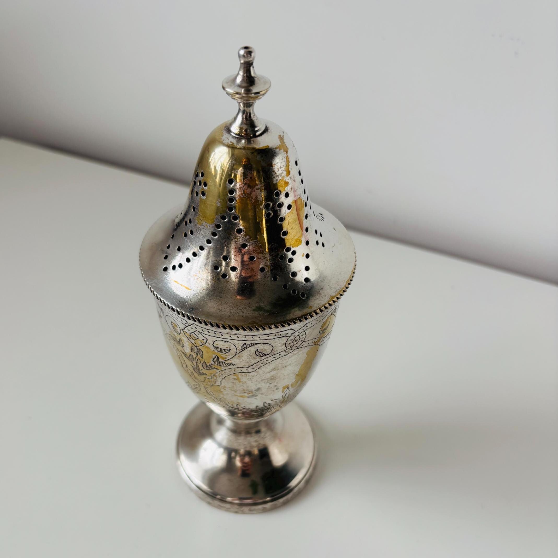 Vintage EPNS Sugar Caster, Silver Plated Muffineer, Pierced Lid Tableware