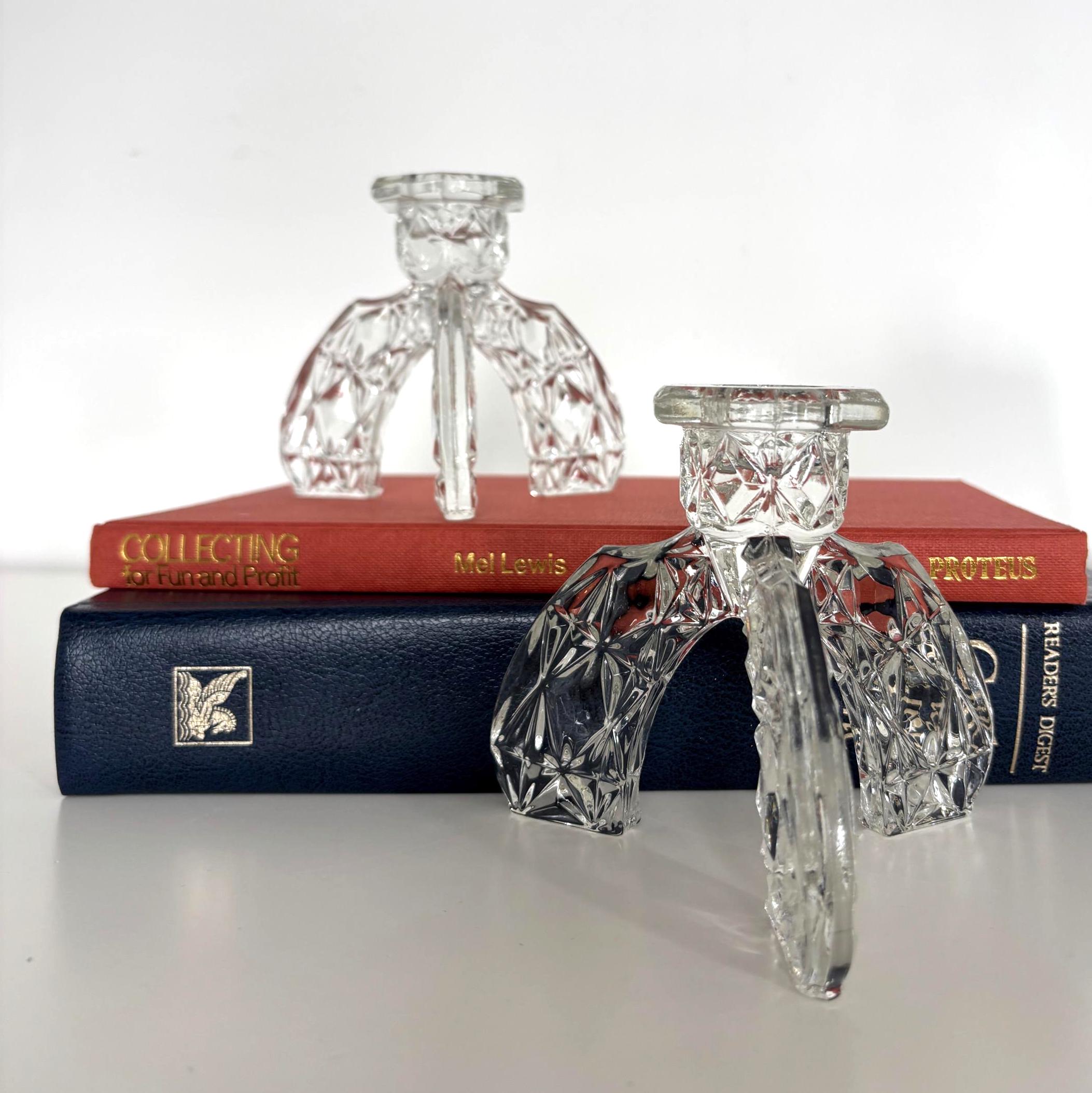 Vintage Glass Candlesticks Pair Art Deco Style Tripod Candle Holders Crystal Cut Design Decor