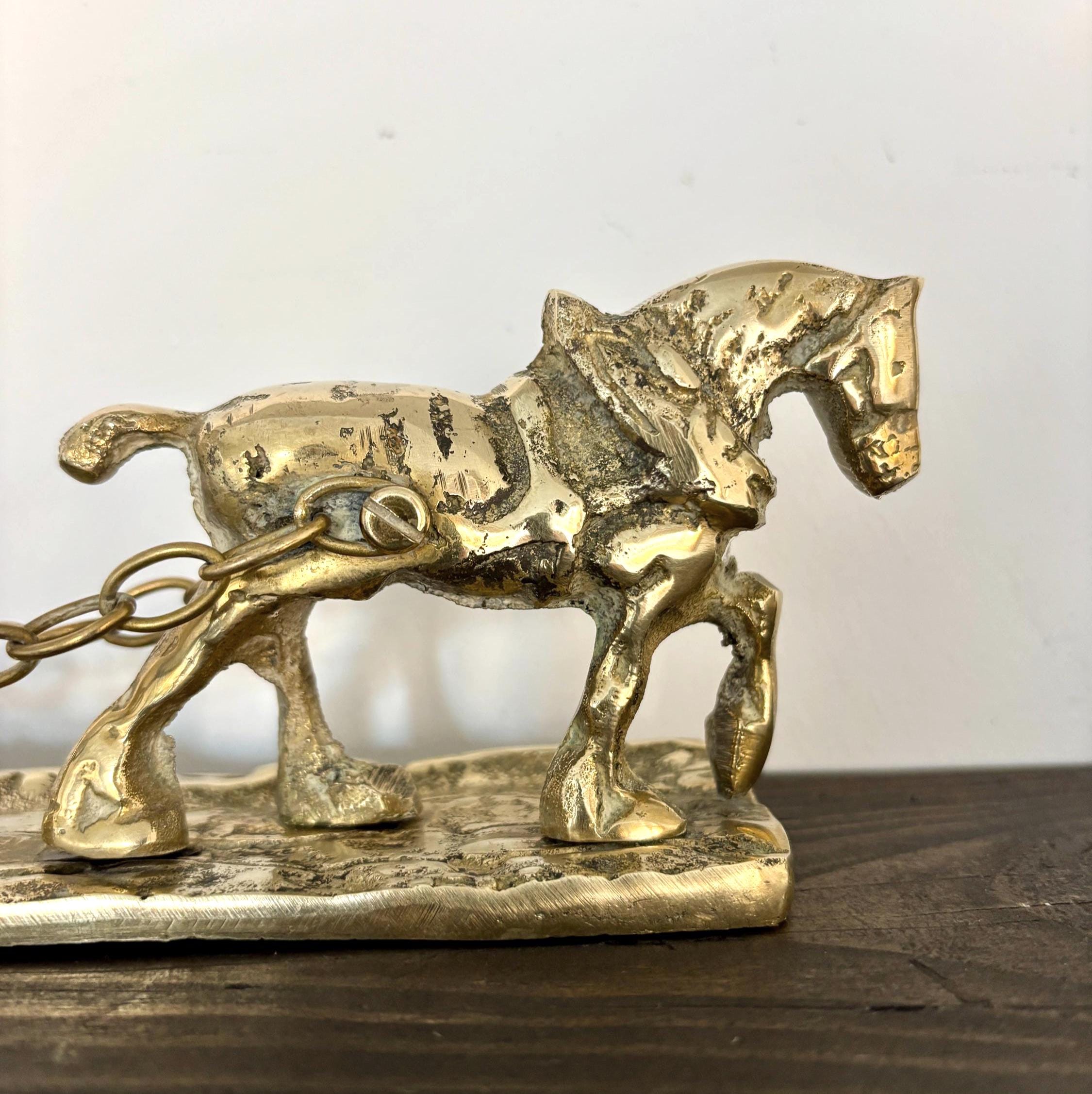 Vintage Solid Brass Horse Plough Sculpture Rustic Farm Decor Country Home Figurine