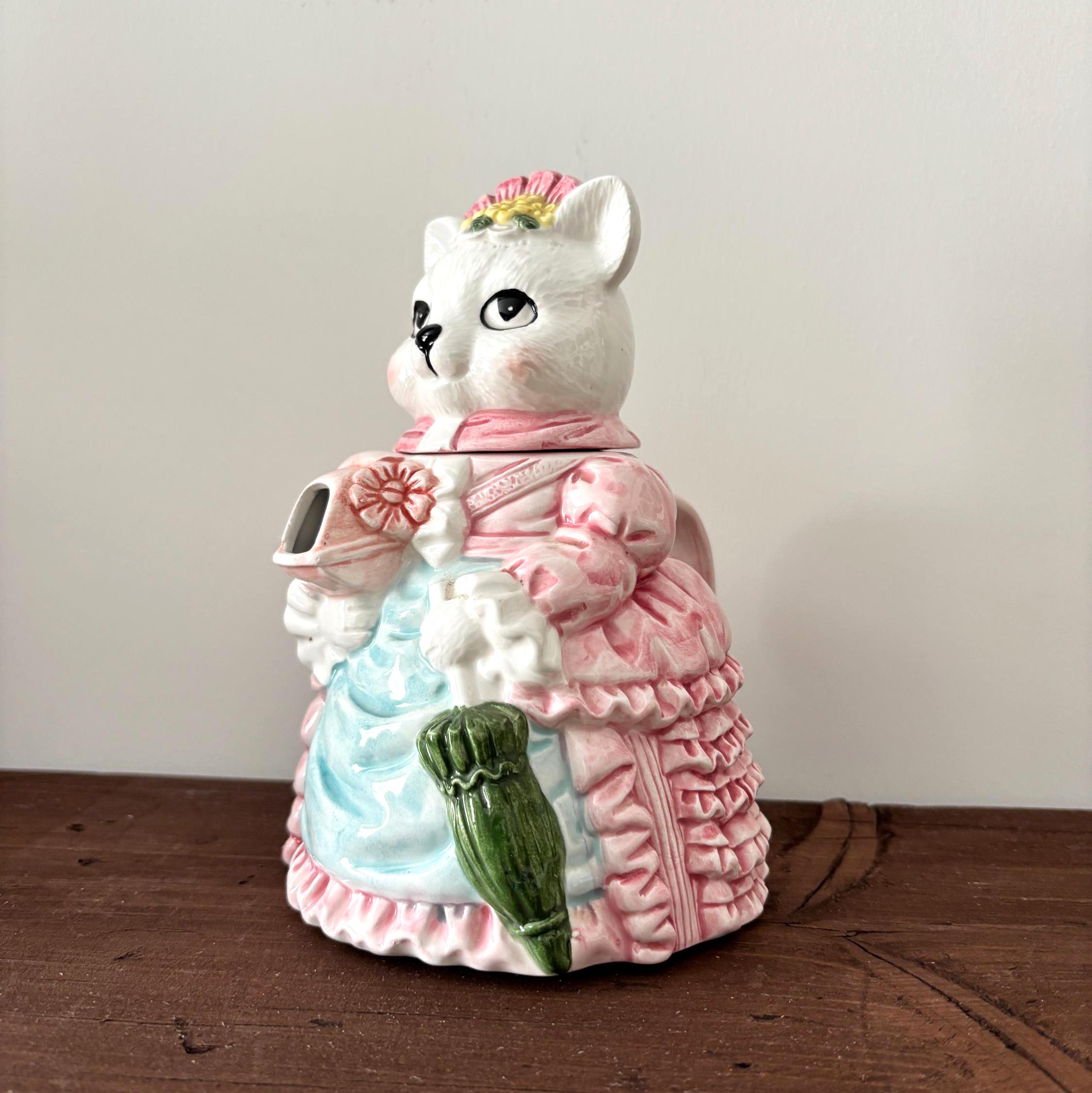 Vintage Ceramic Cat Teapot Victorian Lady Kitty Coffee Pot Pink Novelty Collectible Decor