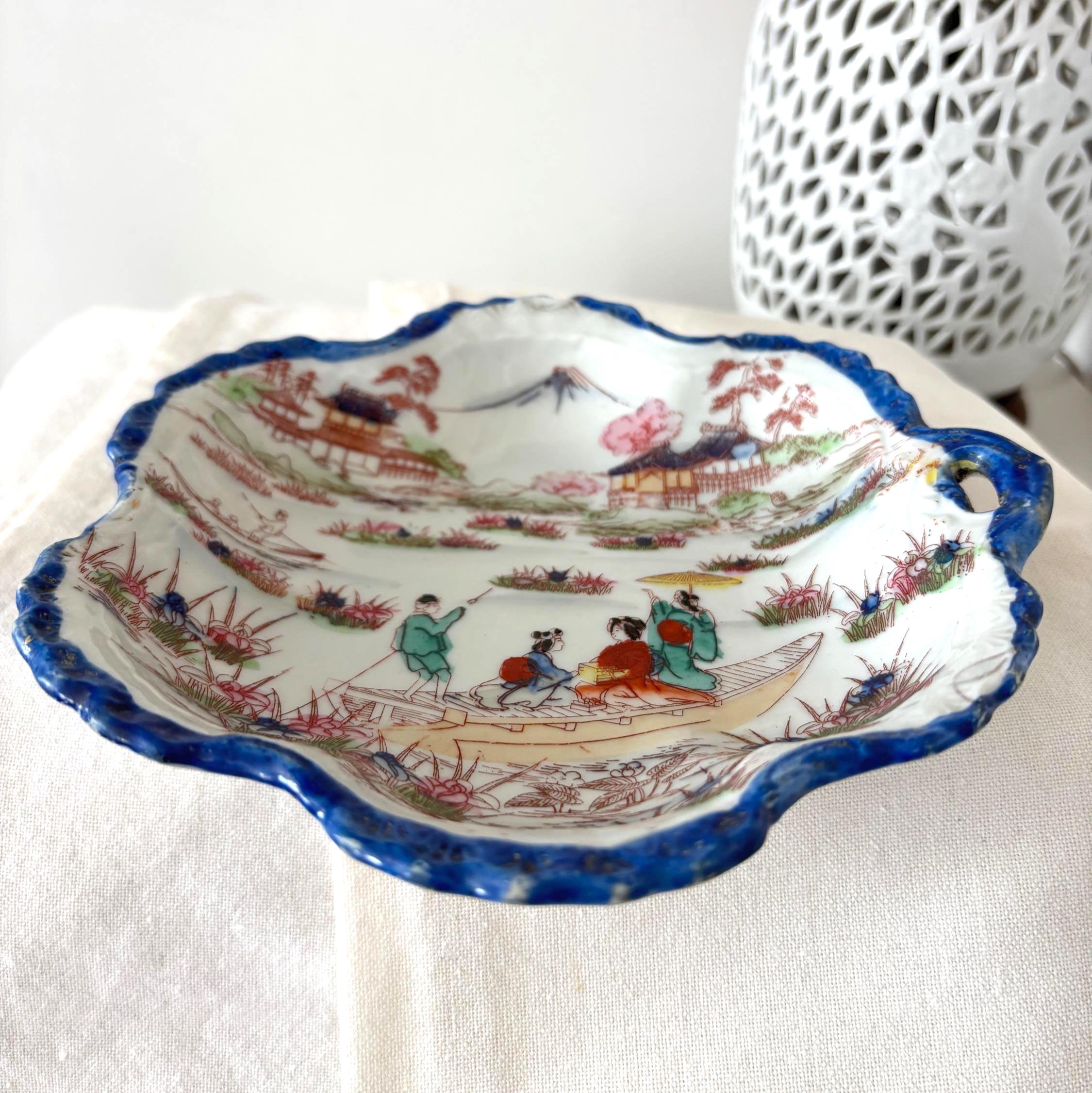Vintage Japan Porcelain Dish Scenic Geisha Boat Mount Fuji Bowl
