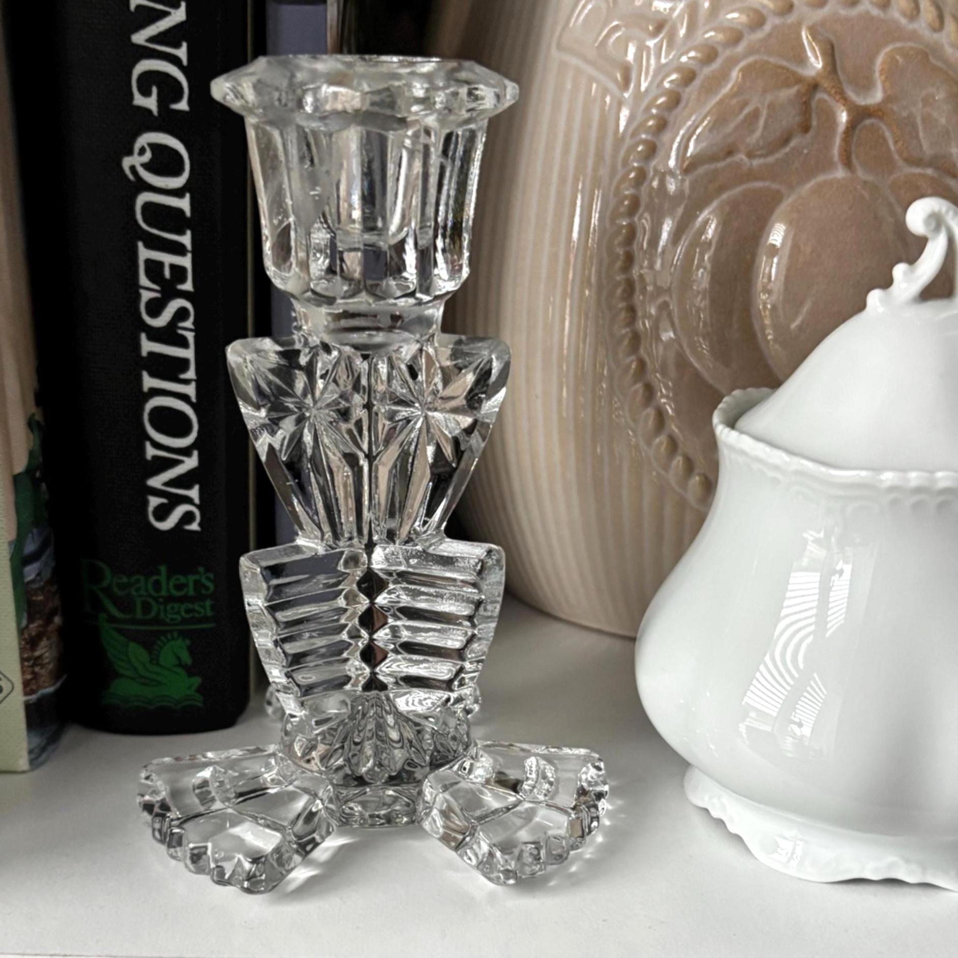 Vintage Art Deco Glass Candlestick: Bagley Duchess Design, 1930s Clear Glass