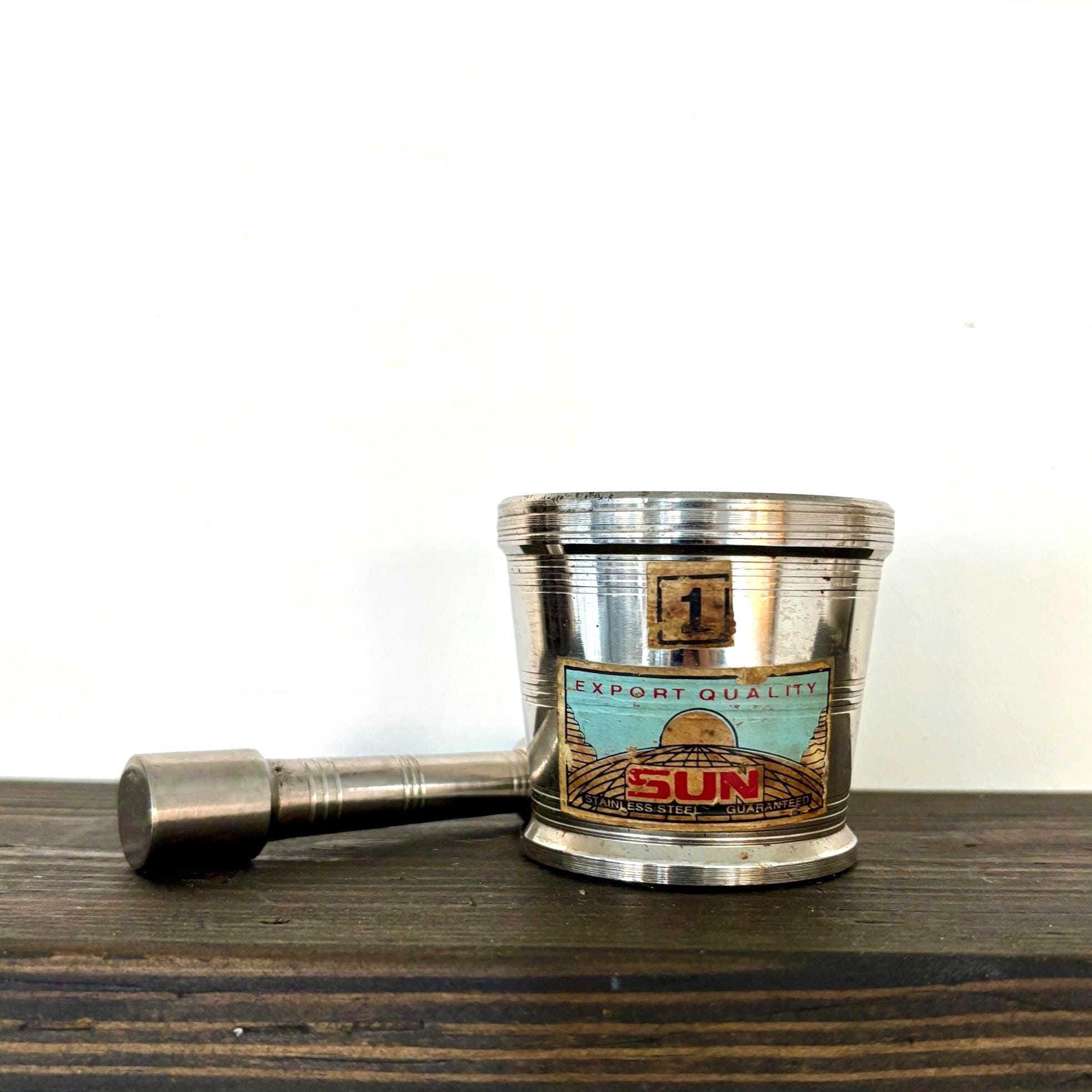 Vintage “SUN” Stainless Steel Mortar and Pestle | Mini Spice Grinder with Original Export Label