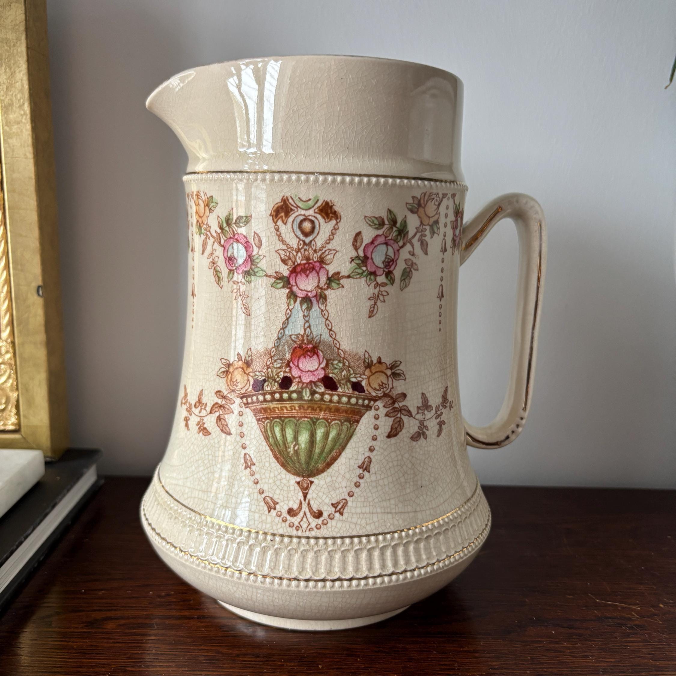 Antique Crown Devon “Etna” Jug Pitcher, Floral Basket, Crackle Glaze, England