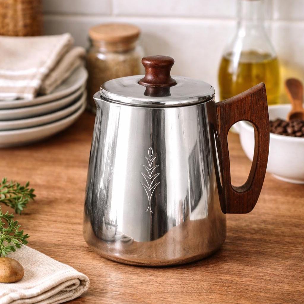 Vintage SONA Milk Jug Stainless Steel Teak Handle Mid Century Modern Coffee Pot England