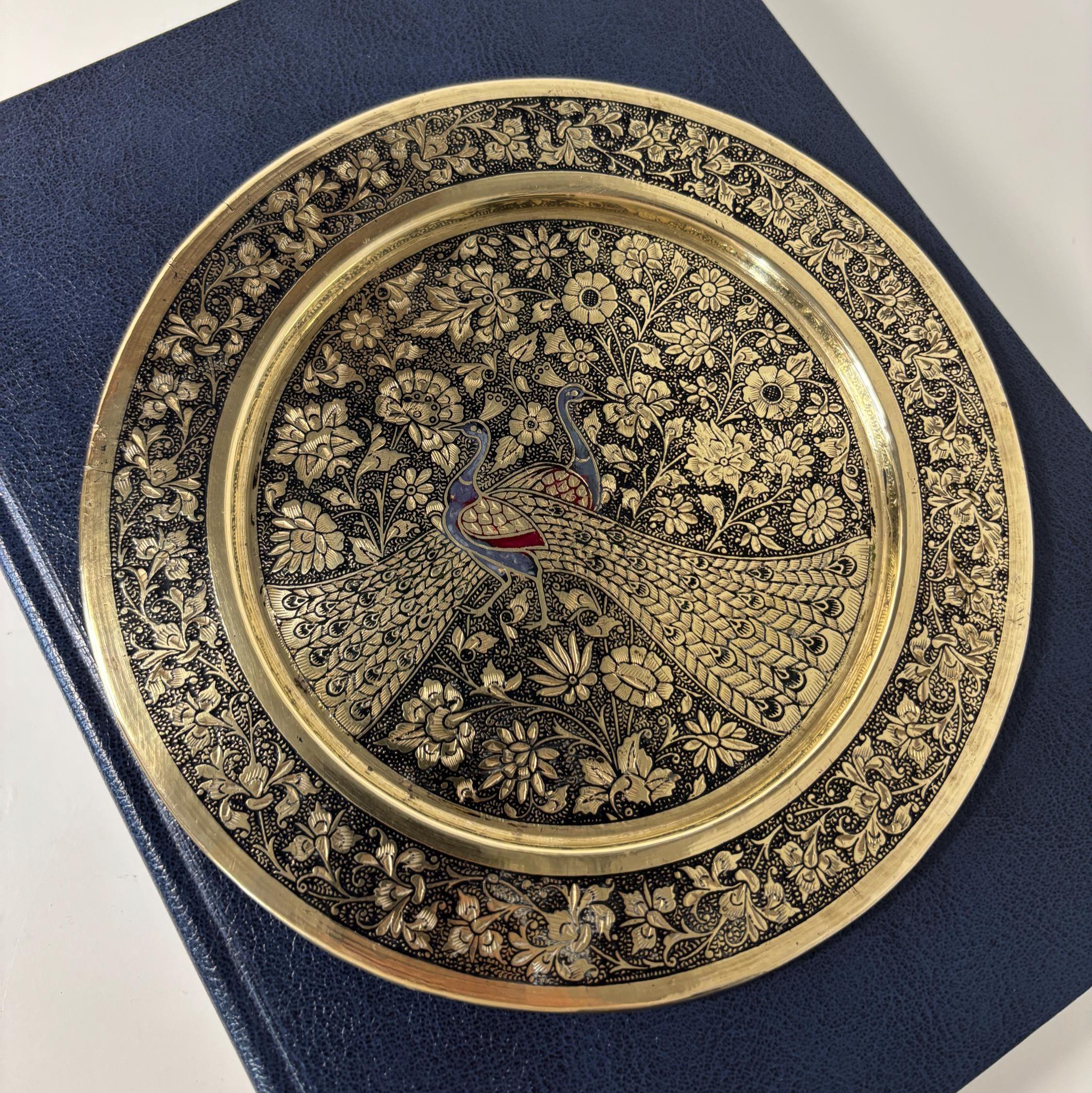 Vintage Brass Peacock Plate Etched Floral Indian Wall Hanging Decor