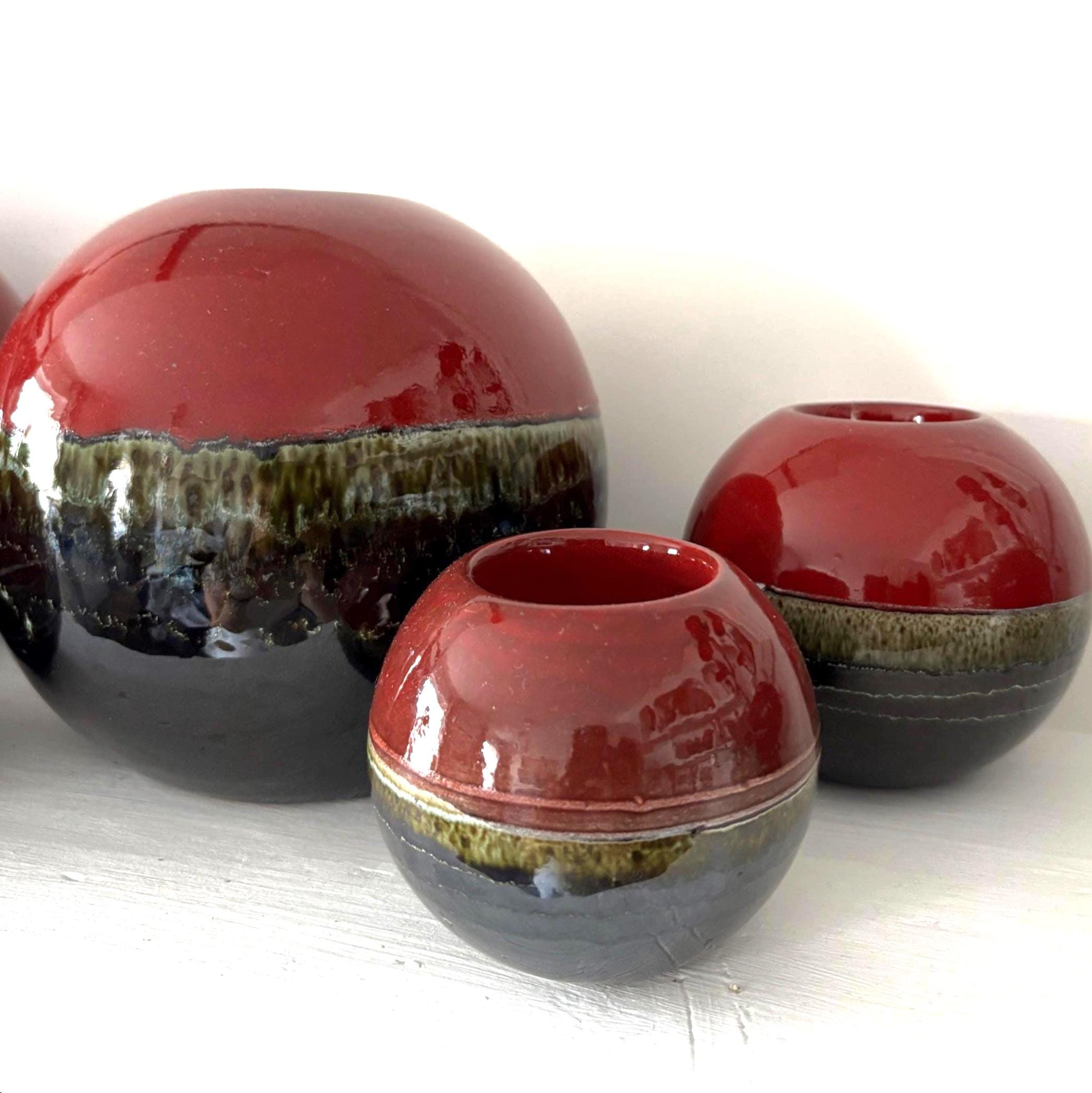Vintage Portuguese Ceramic Candle Burners Set of 5 Red Black Glazed Tea-light Holders