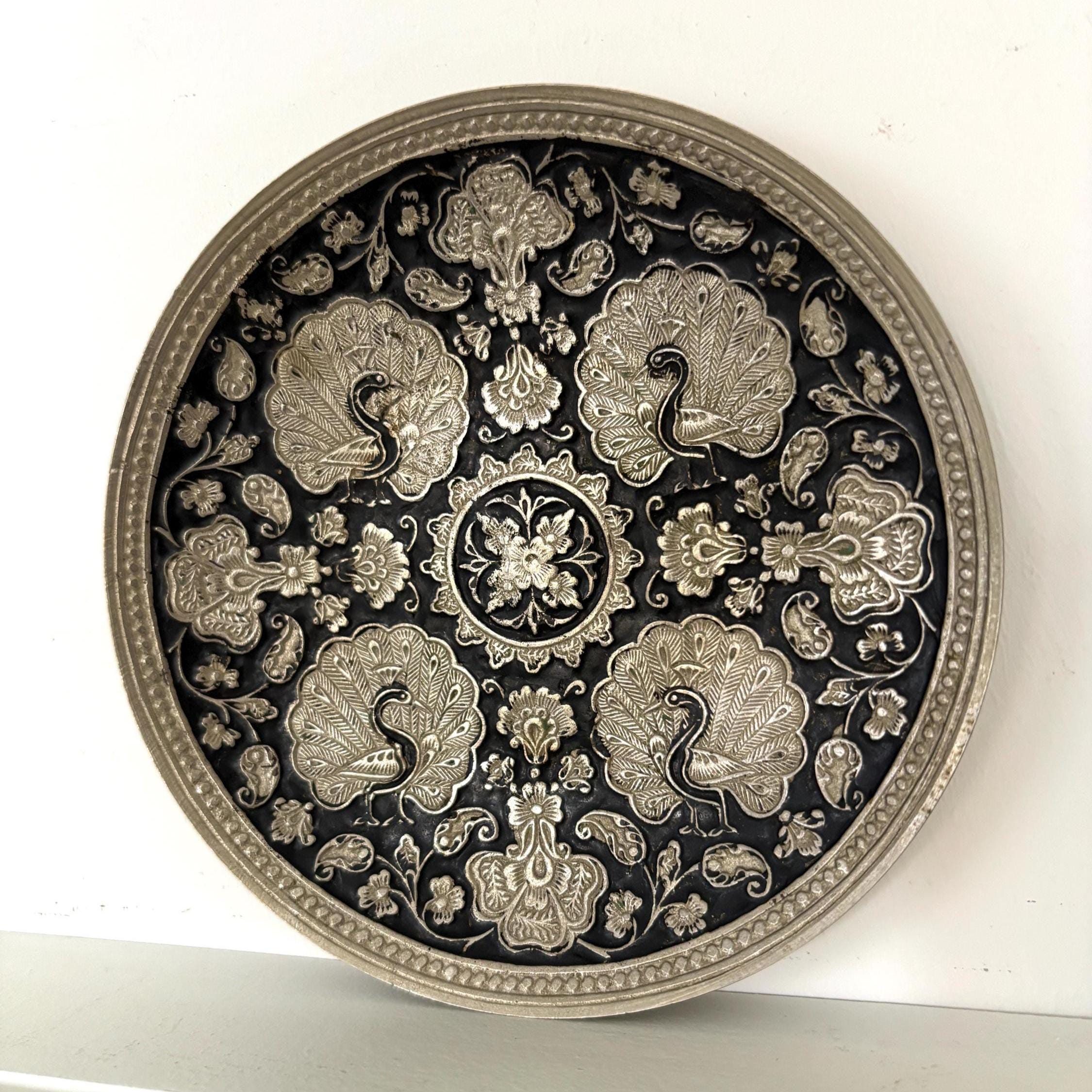 Vintage Silver & Black Peacock Wall Plate | Embossed Metal Hanging Tray, Boho Wall Decor