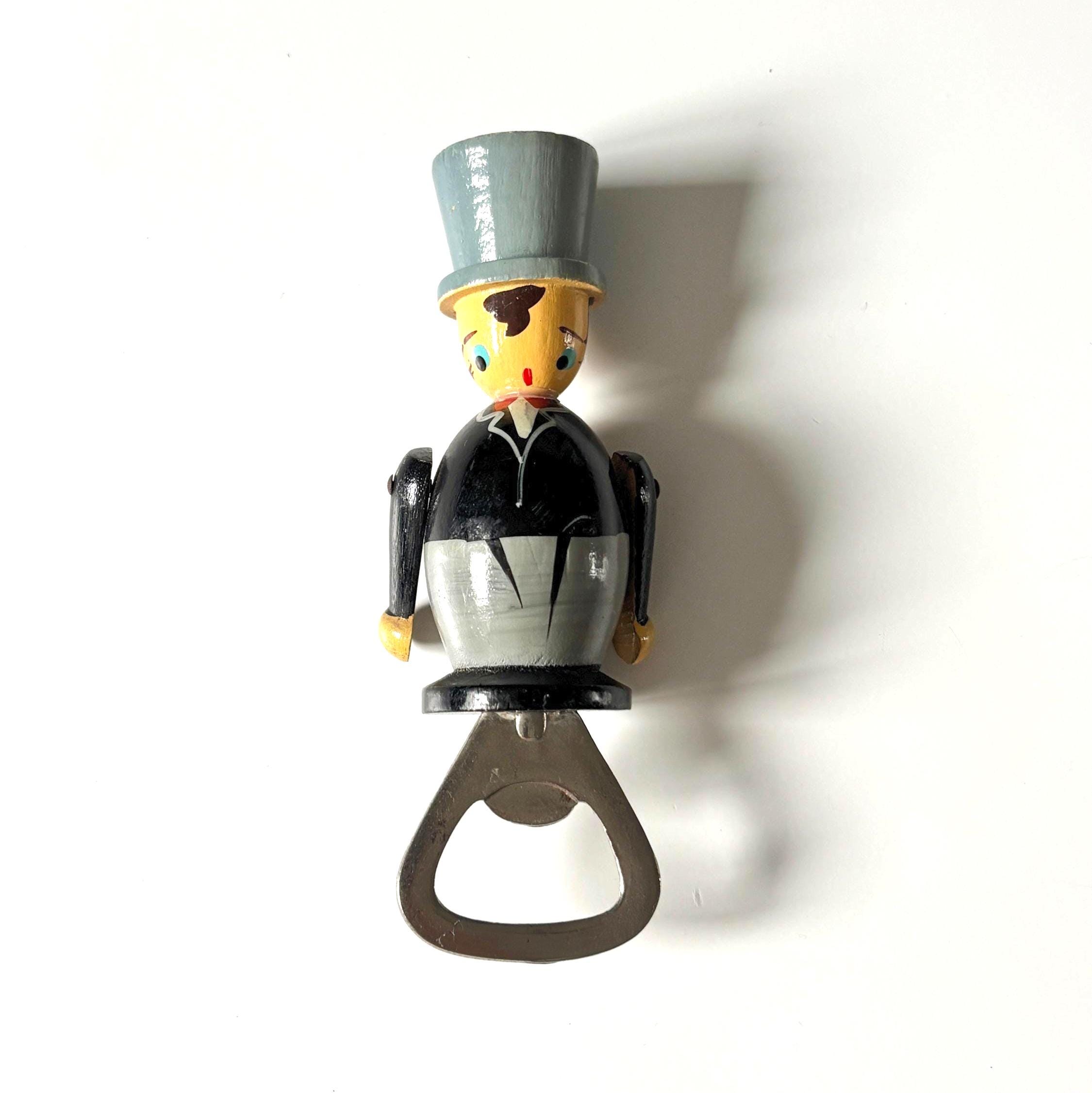 Vintage Wooden Gentleman Bottle Opener | Folk Art Top Hat Barware
