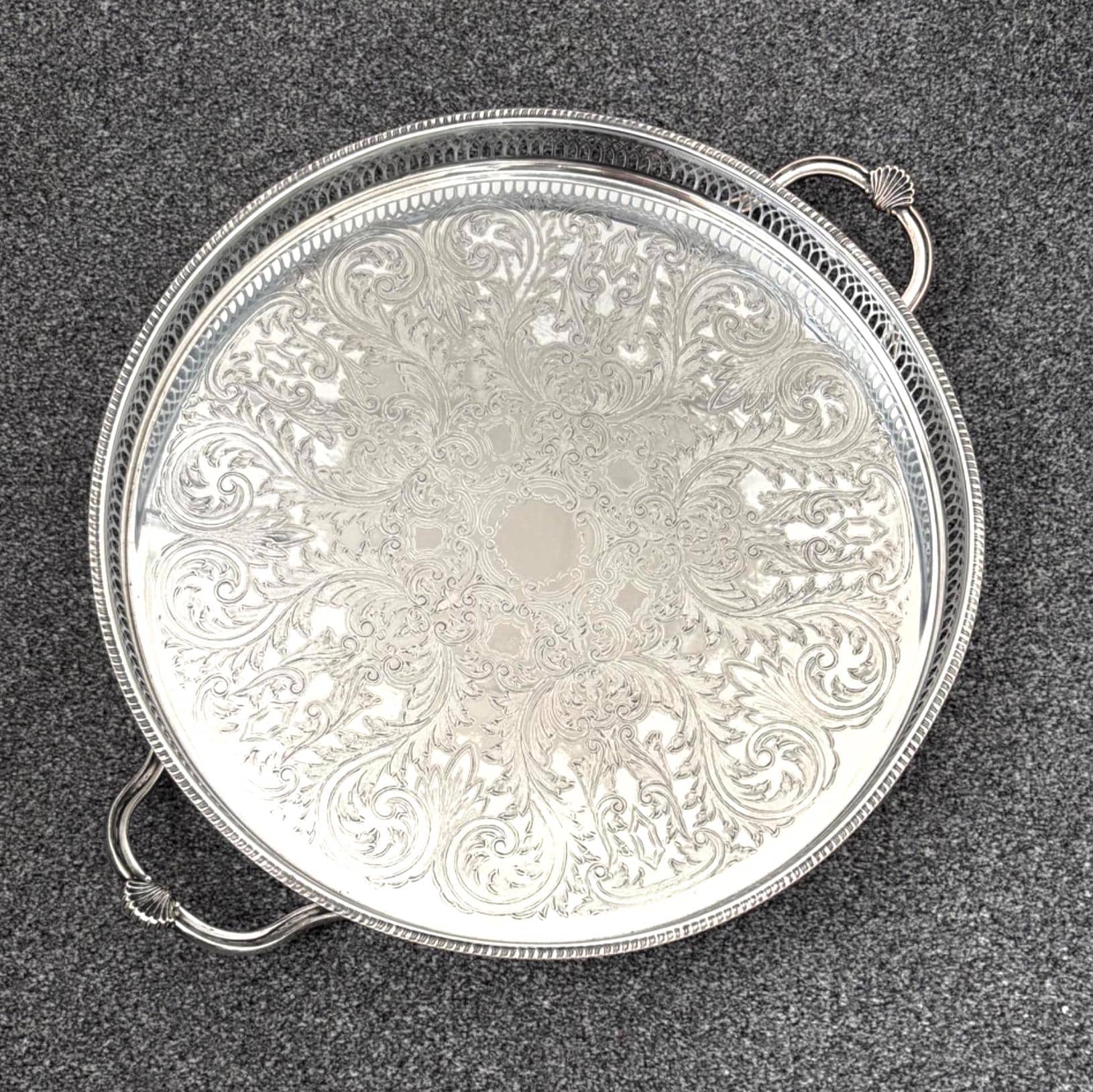 Large Cavalier Silver Plated Serving Tray, Round Gallery Tray With Handles, Made in England