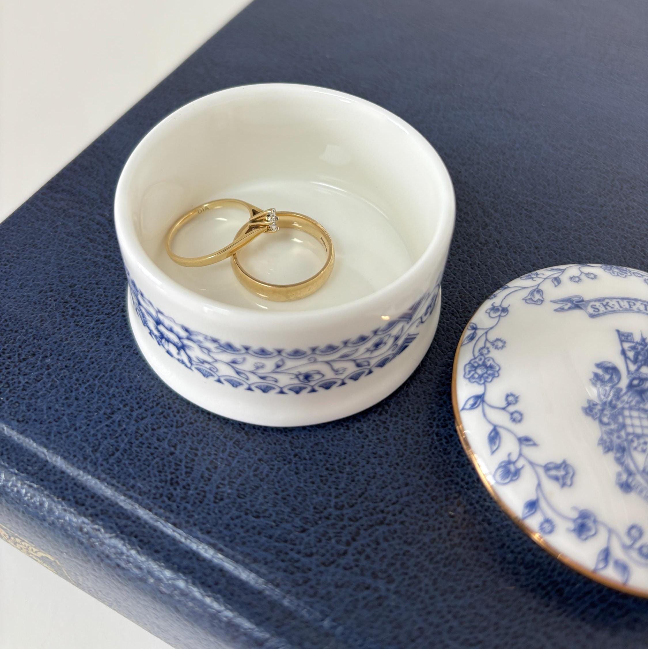 Vintage Skipton Bone China Trinket Box English Lidded Pot Blue White Floral Collectable