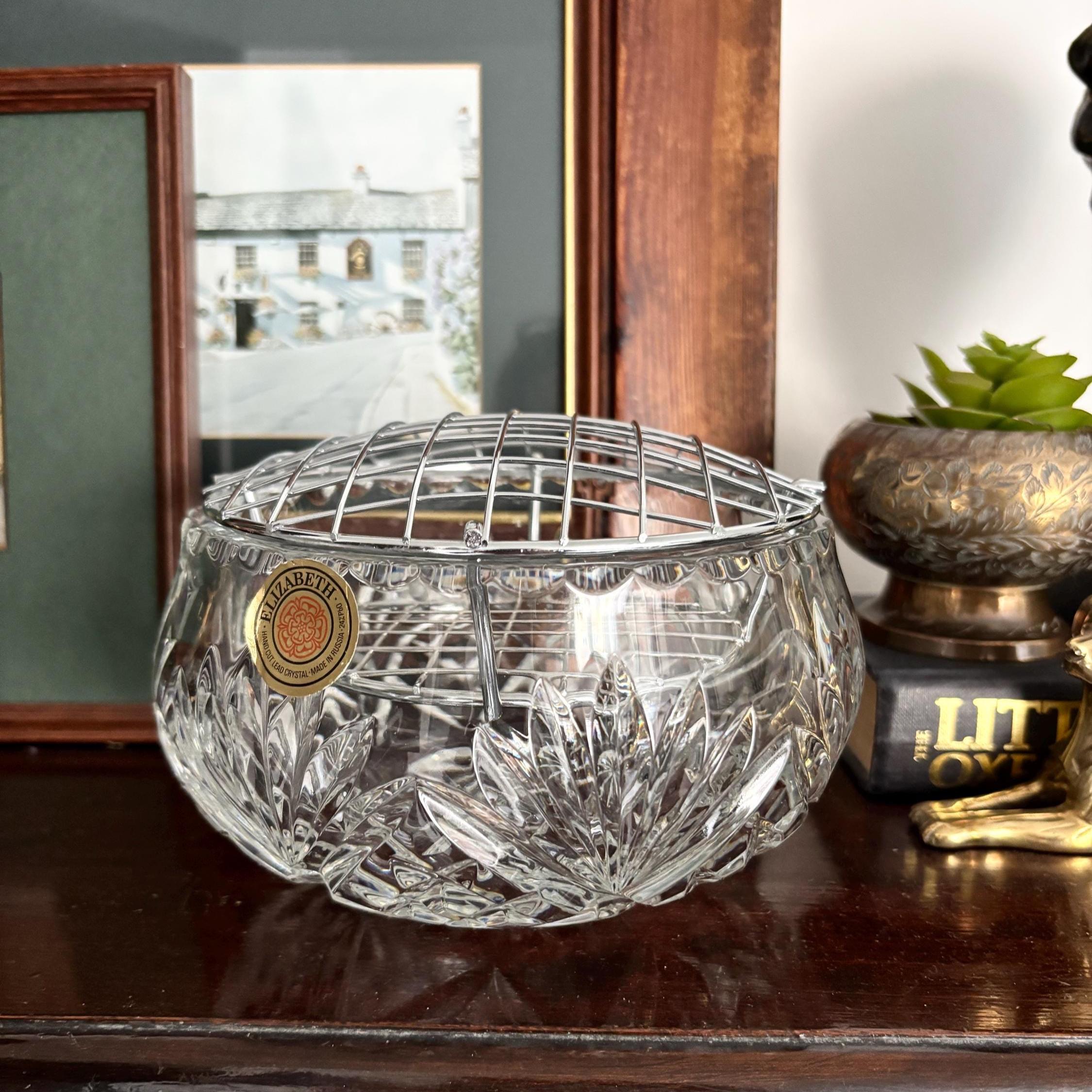 Vintage Russian Lead Crystal Flower Frog Bowl With Metal Grid Hand Cut Crystal Centrepiece