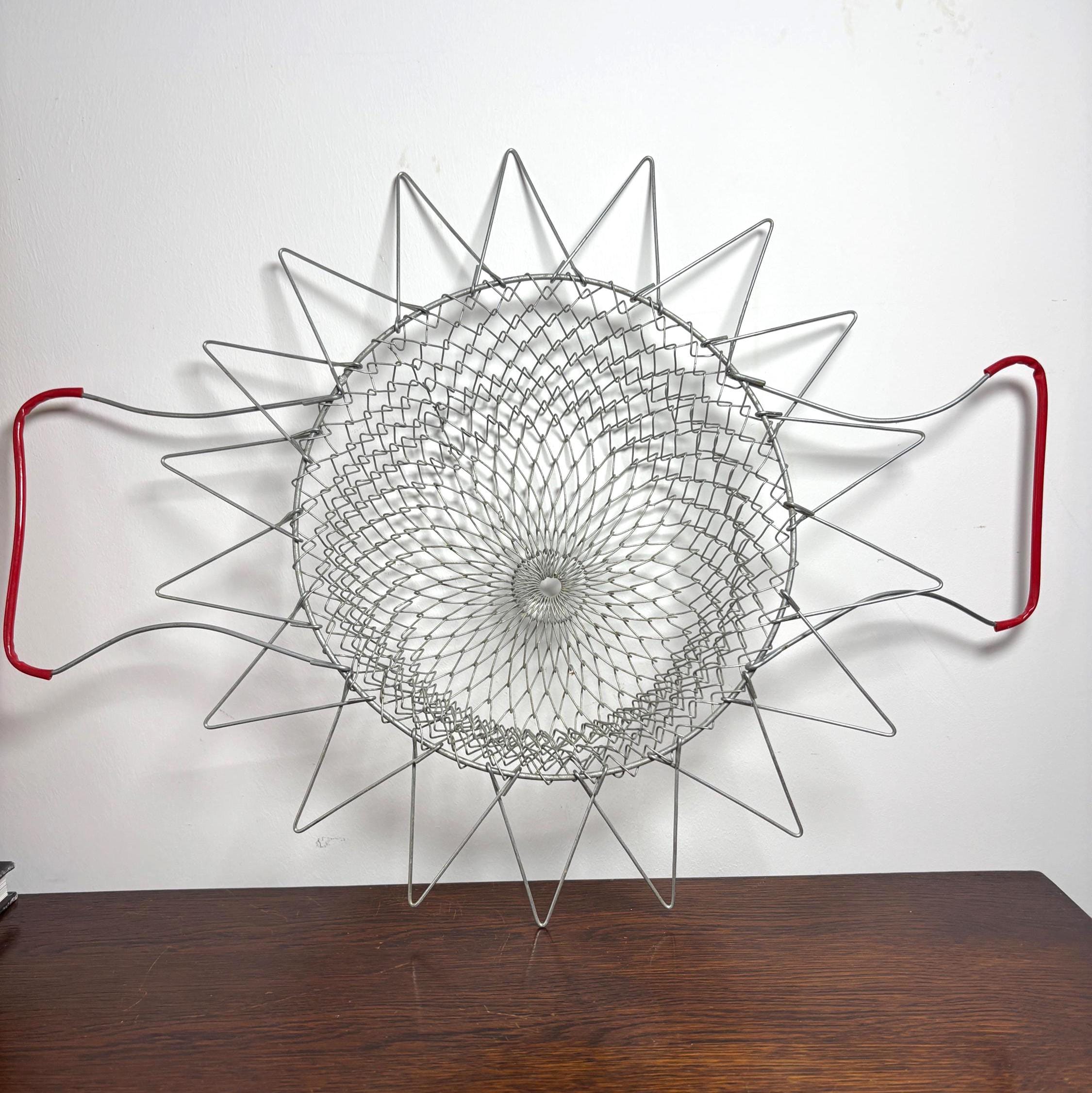 Vintage Collapsible Wire Egg Basket with Red Handle French Style Folding Market Basket