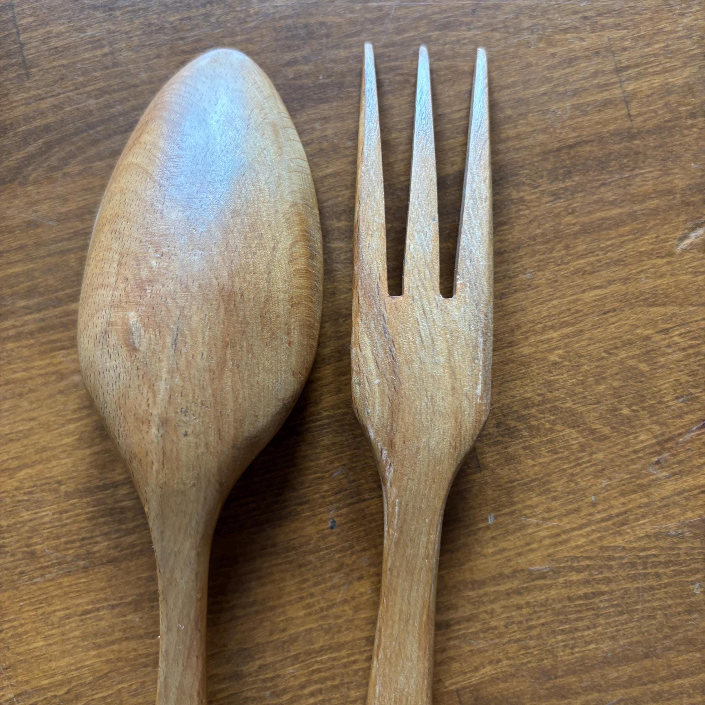 Vintage Wooden Salad Server Set Hand Painted Spoon Fork Kitchen Serving Utensils Pair Decor