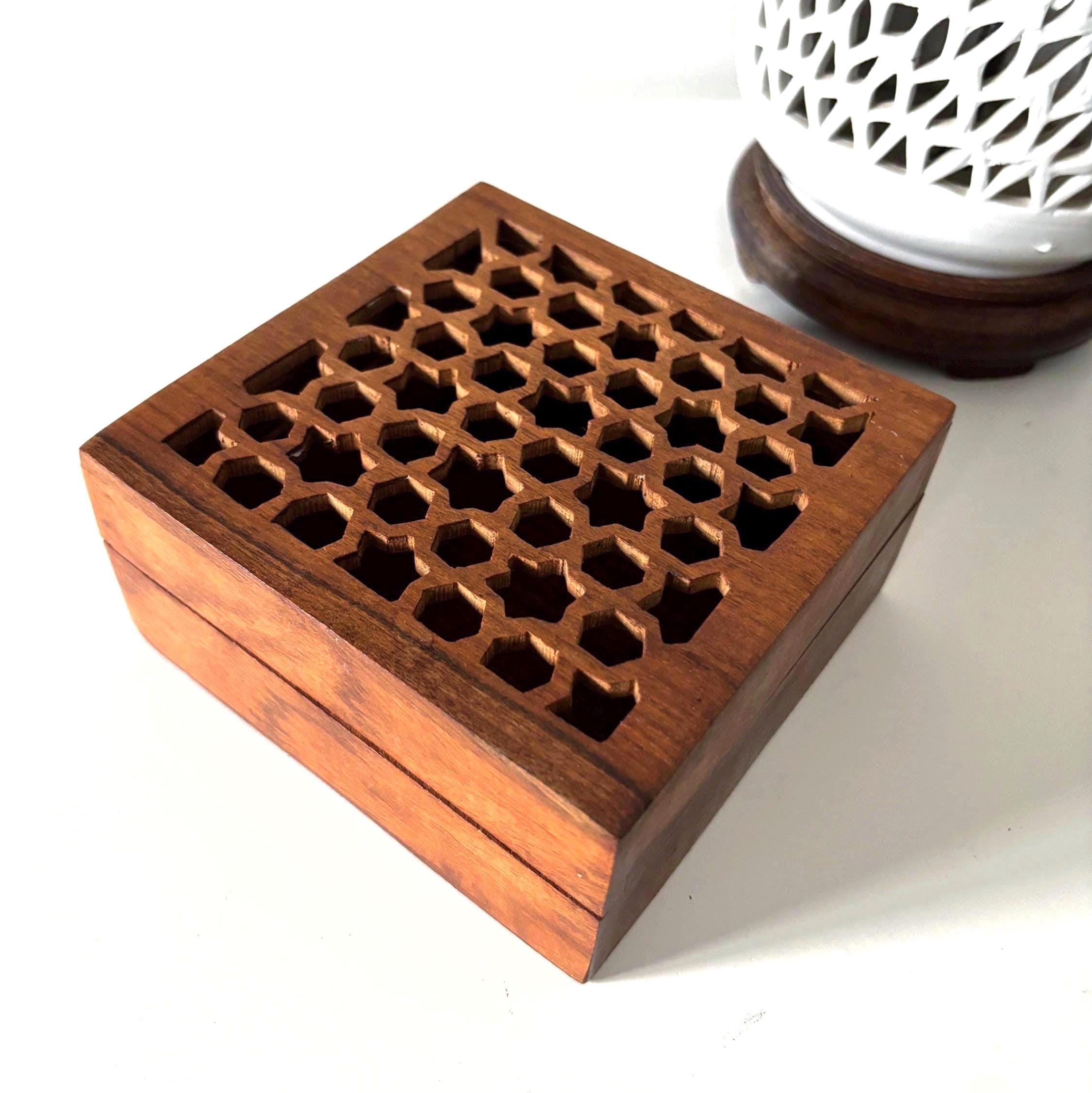 Vintage Hand Carved Wooden Trinket Box with Geometric Lattice Lid, Decorative Storage
