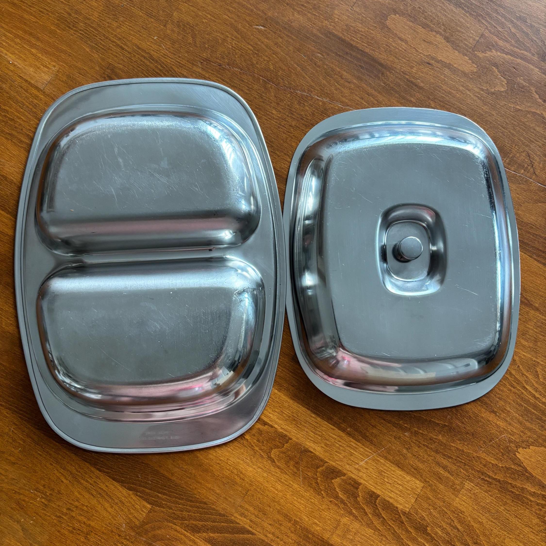 Vintage Stainless Steel Lidded Divided Serving Dish, Hong Kong, 2 Compartment Buffet Server