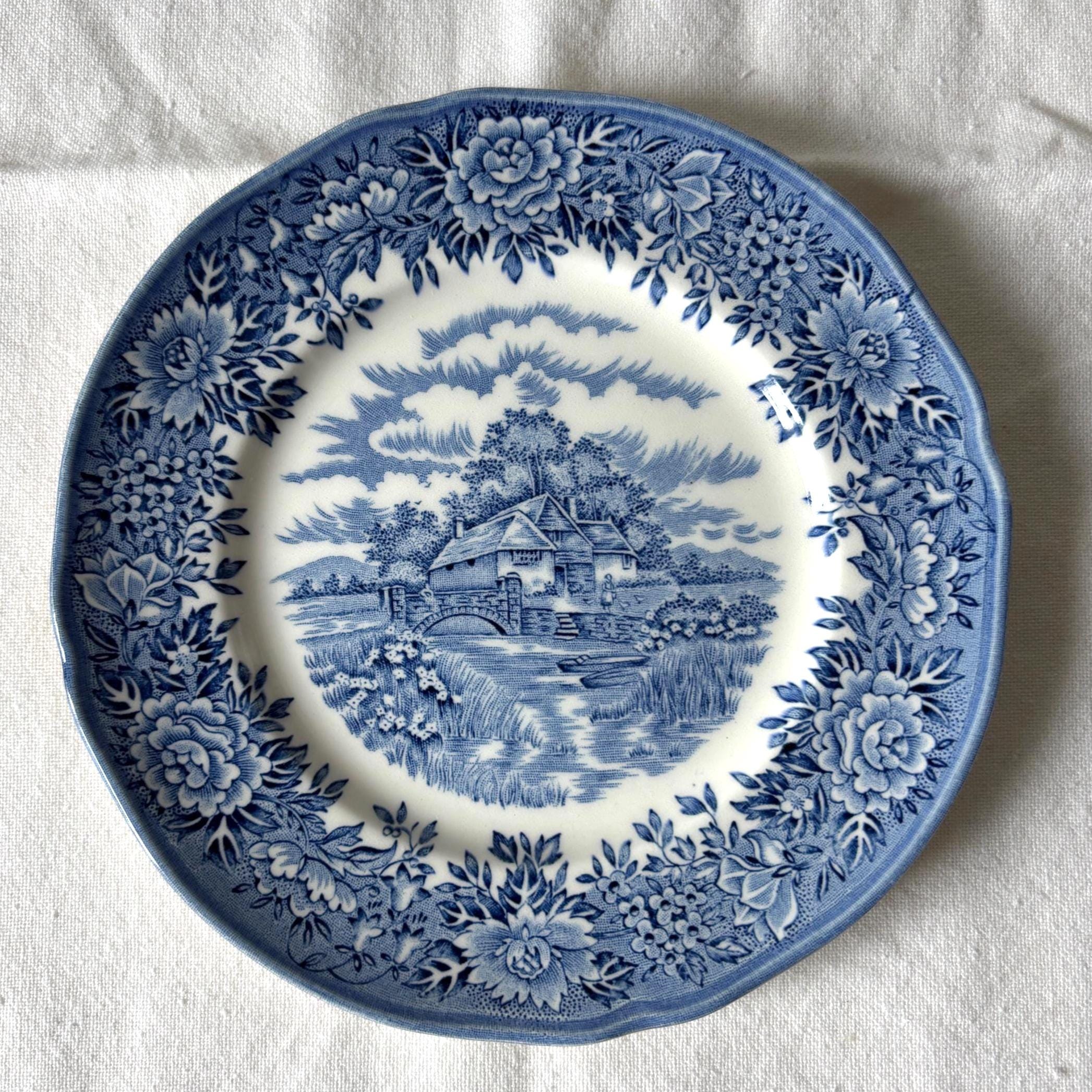 Vintage Colonial Village Tea Plates Set 4 Blue Staffordshire