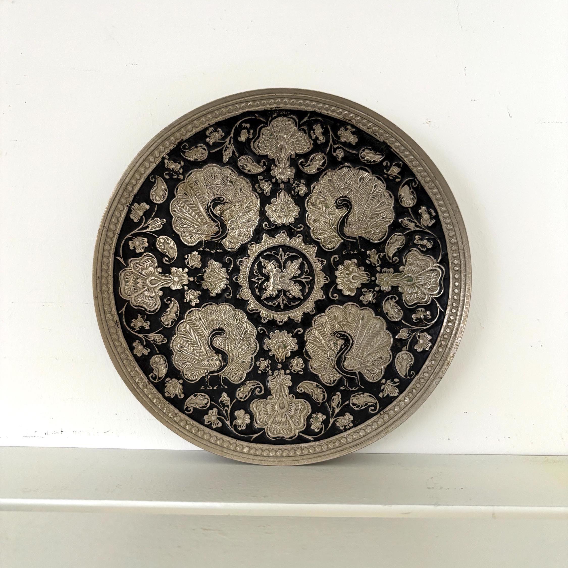 Vintage Silver & Black Peacock Wall Plate | Embossed Metal Hanging Tray, Boho Wall Decor