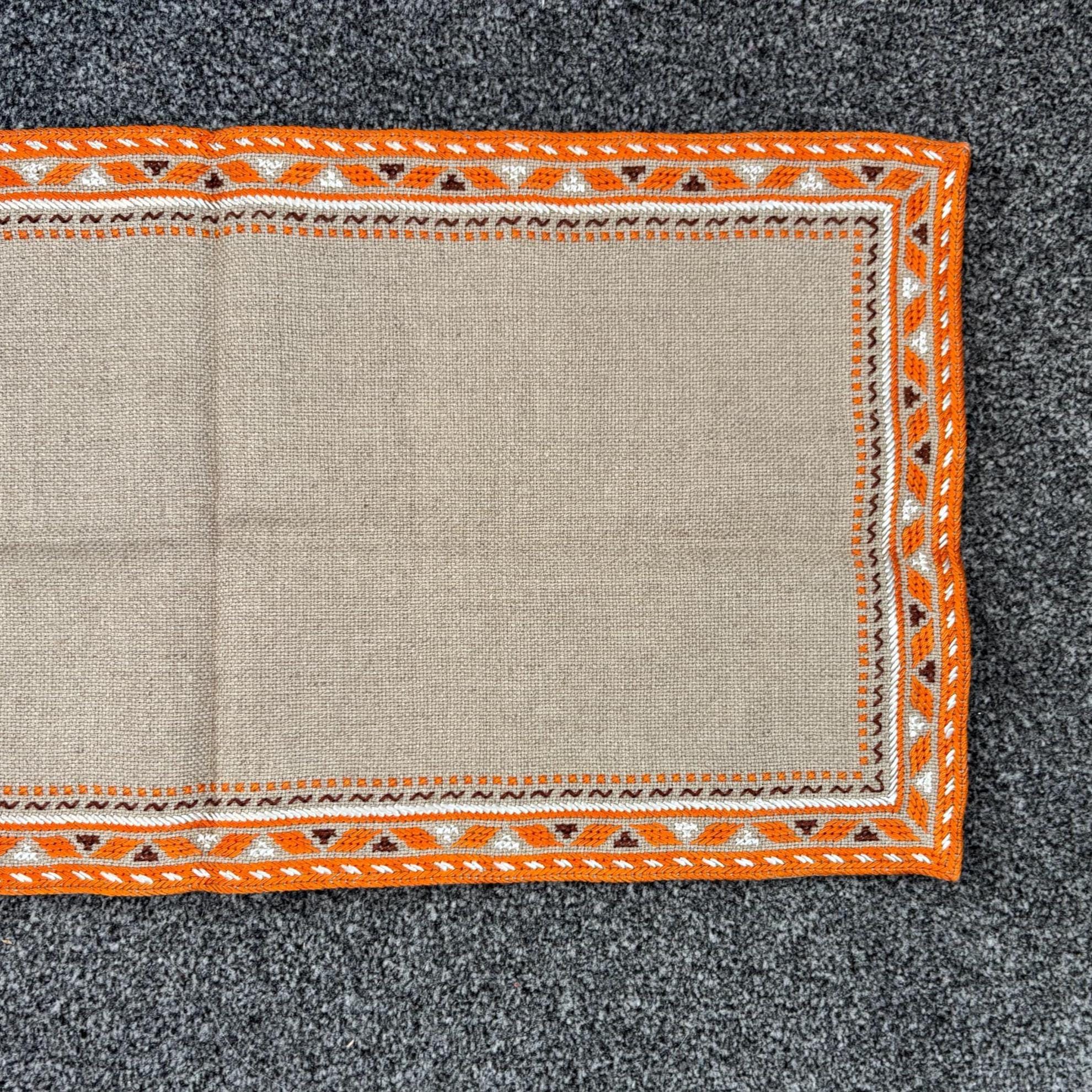 Vintage Bulgarian Hand Embroidered Linen Runner 56x26cm Orange Folk Border