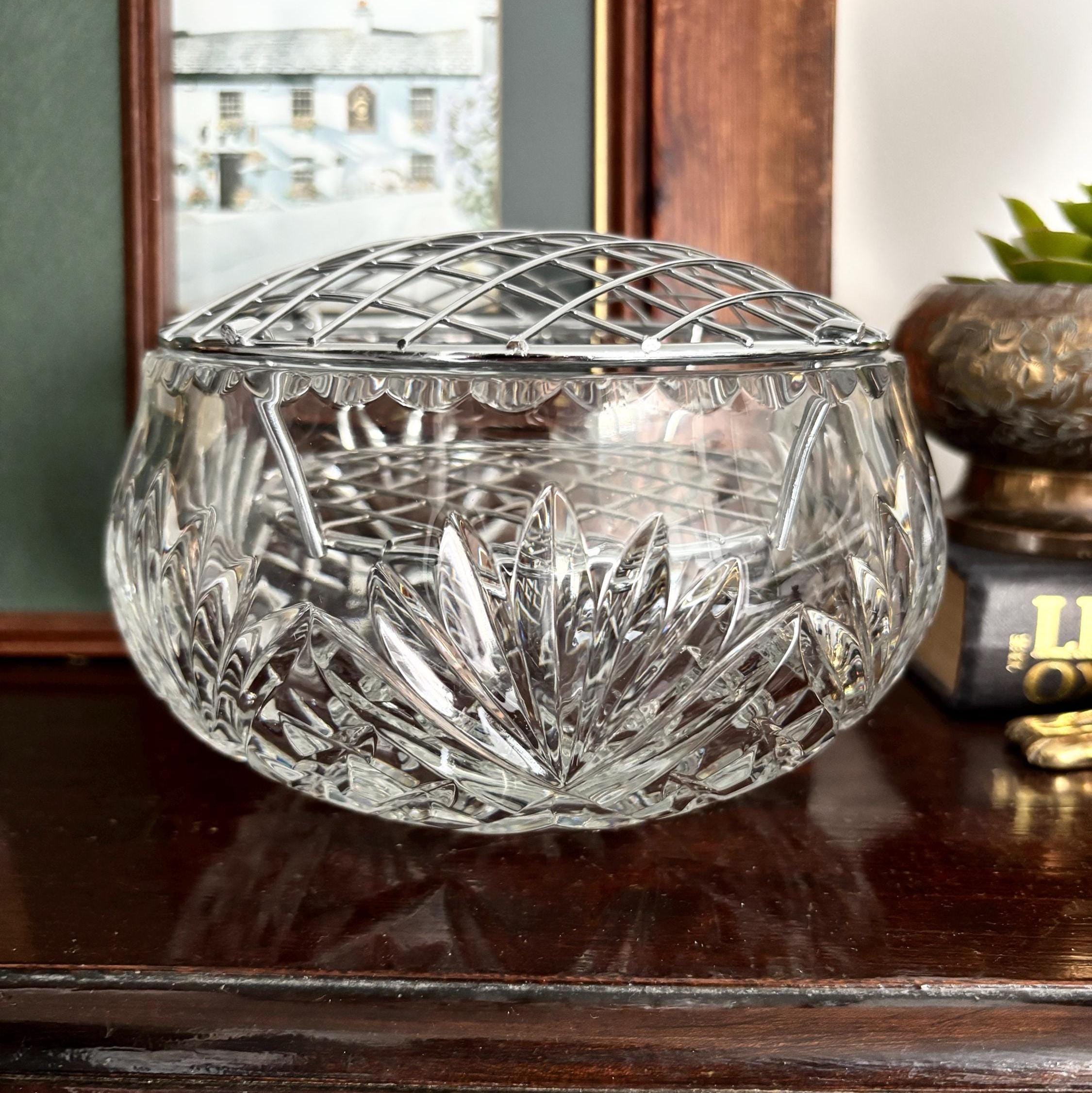 Vintage Russian Lead Crystal Flower Frog Bowl With Metal Grid Hand Cut Crystal Centrepiece