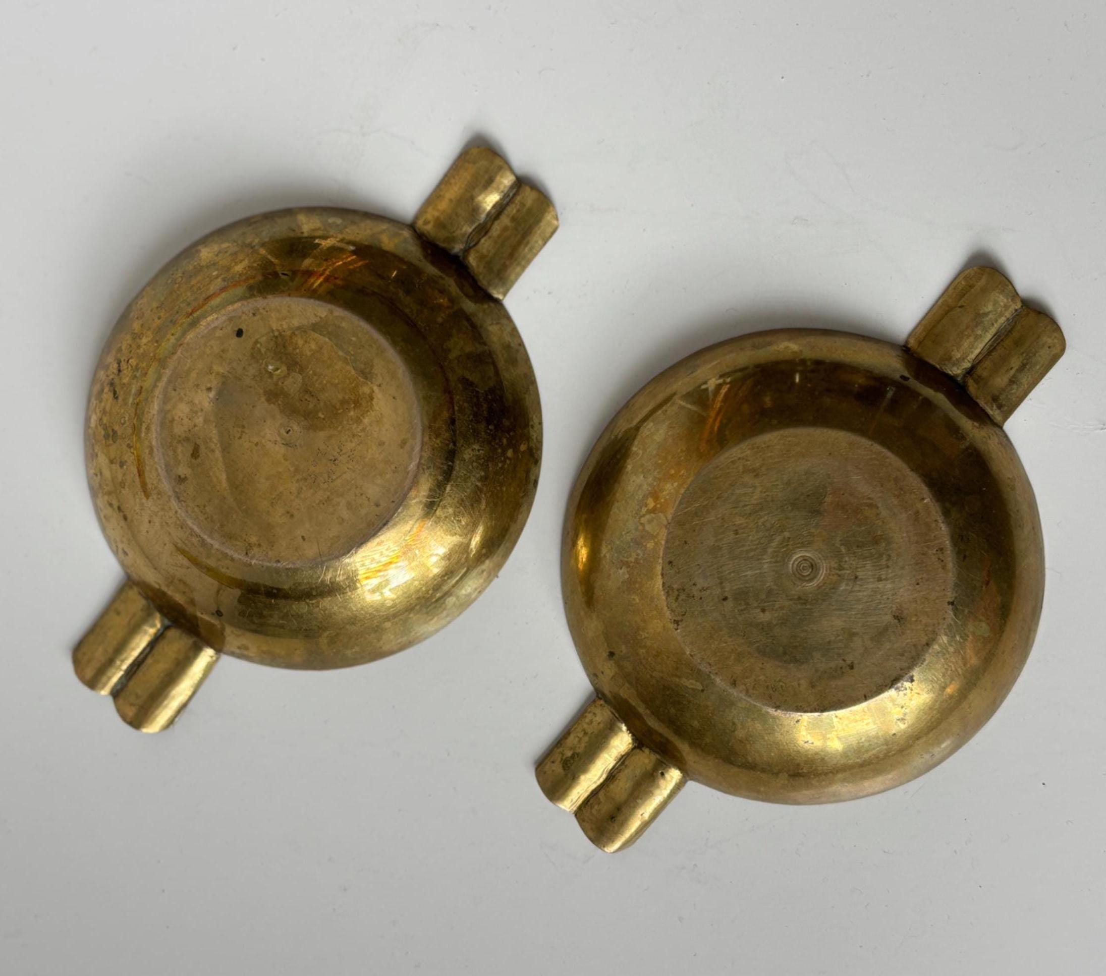 Vintage Hand Etched Brass Ashtray Pair: Indian Floral Ring Dish