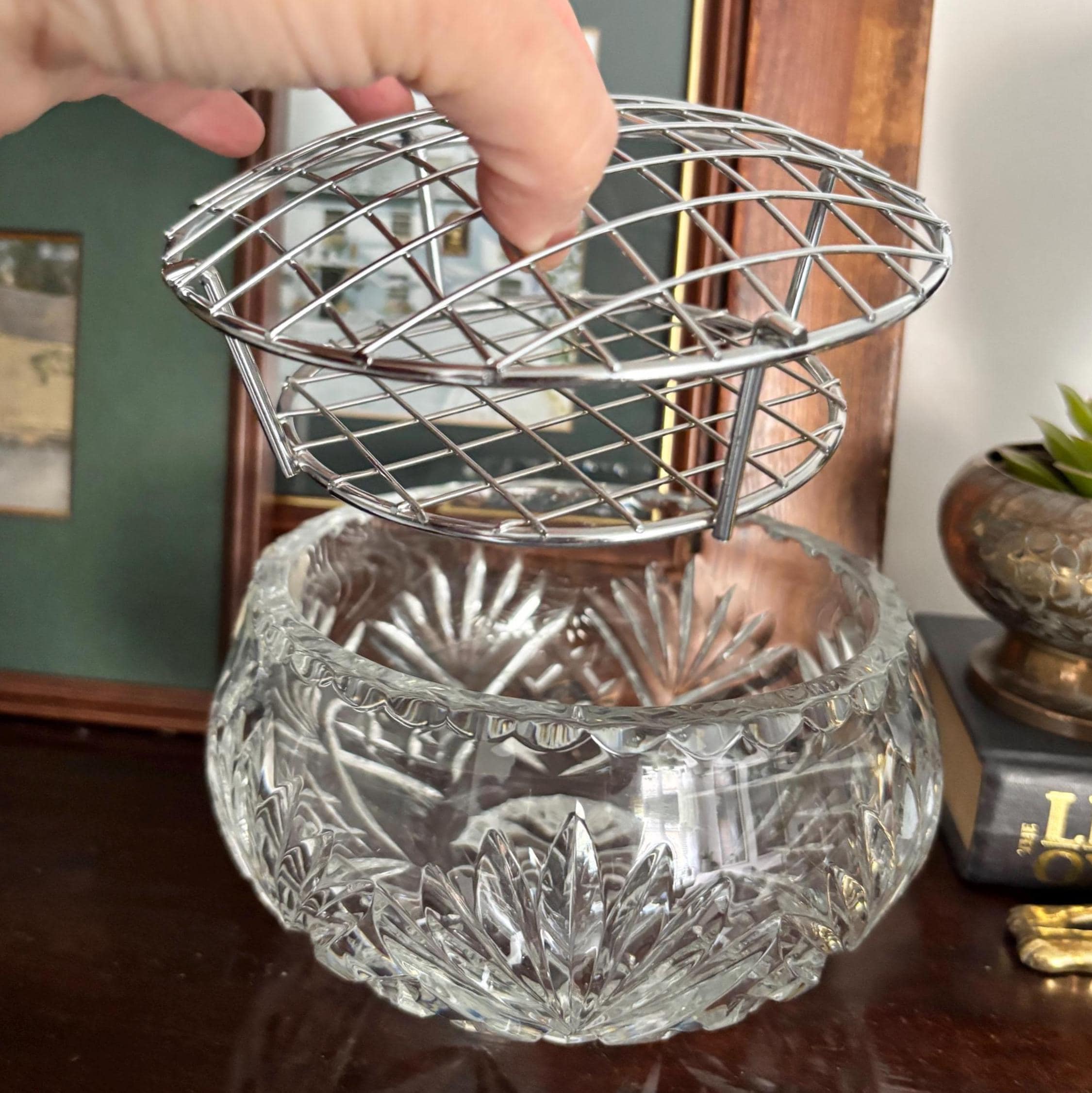 Vintage Russian Lead Crystal Flower Frog Bowl With Metal Grid Hand Cut Crystal Centrepiece