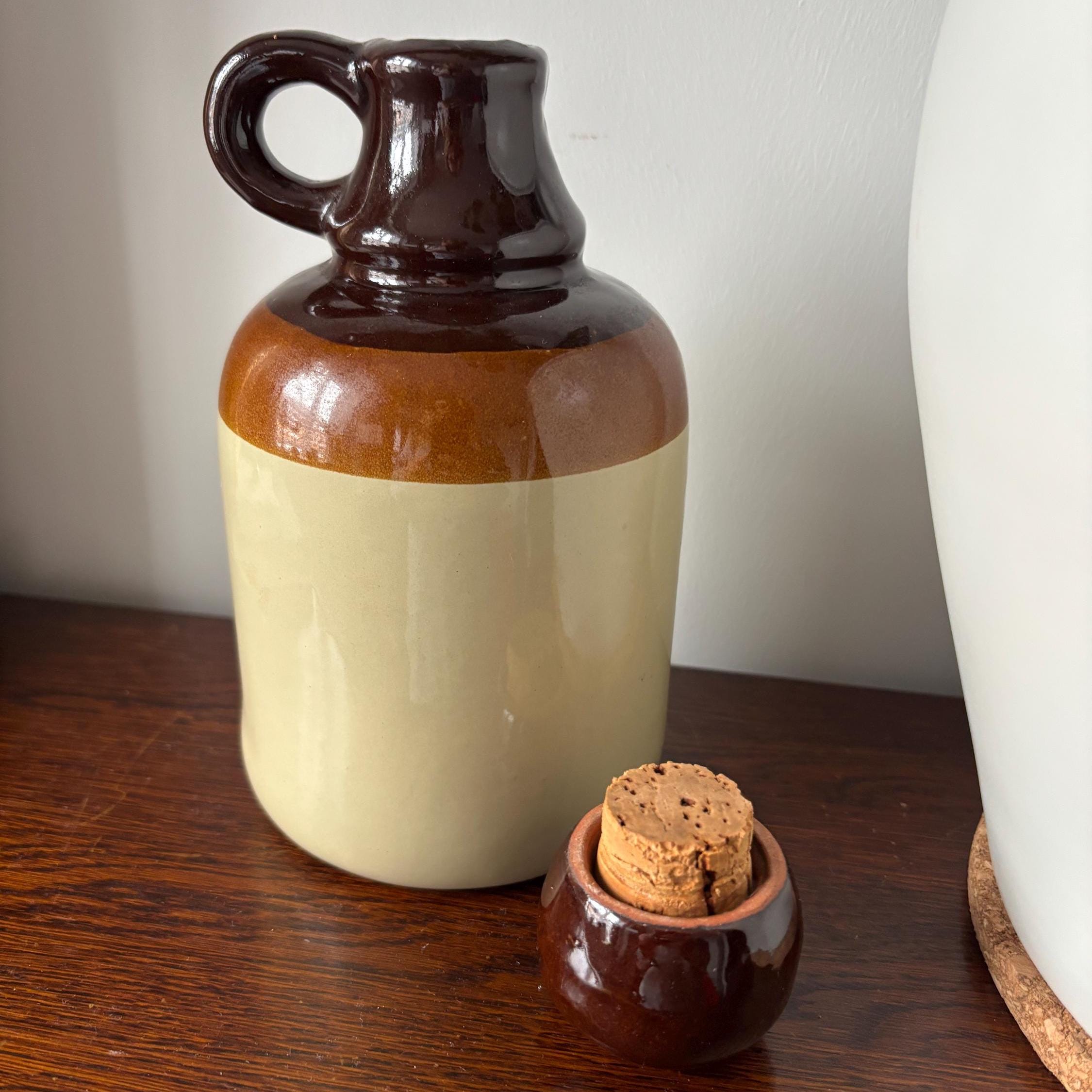 Vintage French Stoneware “Cuvée Spéciale” Bottle Decanter with Cork Stopper, Two-Tone Glaze