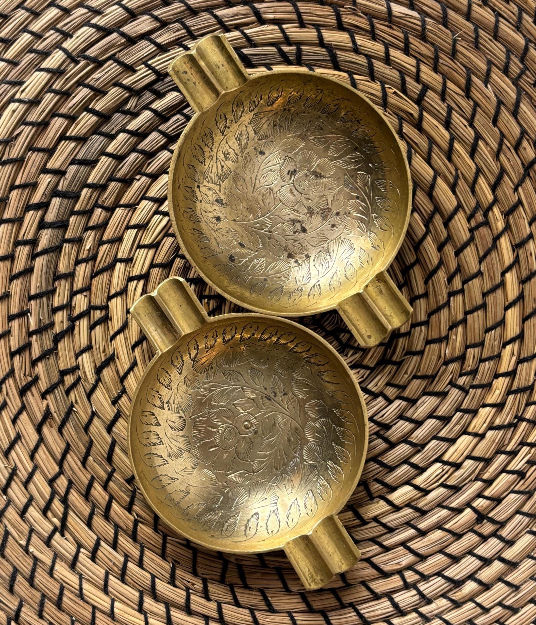 Vintage Hand Etched Brass Ashtray Pair: Indian Floral Ring Dish