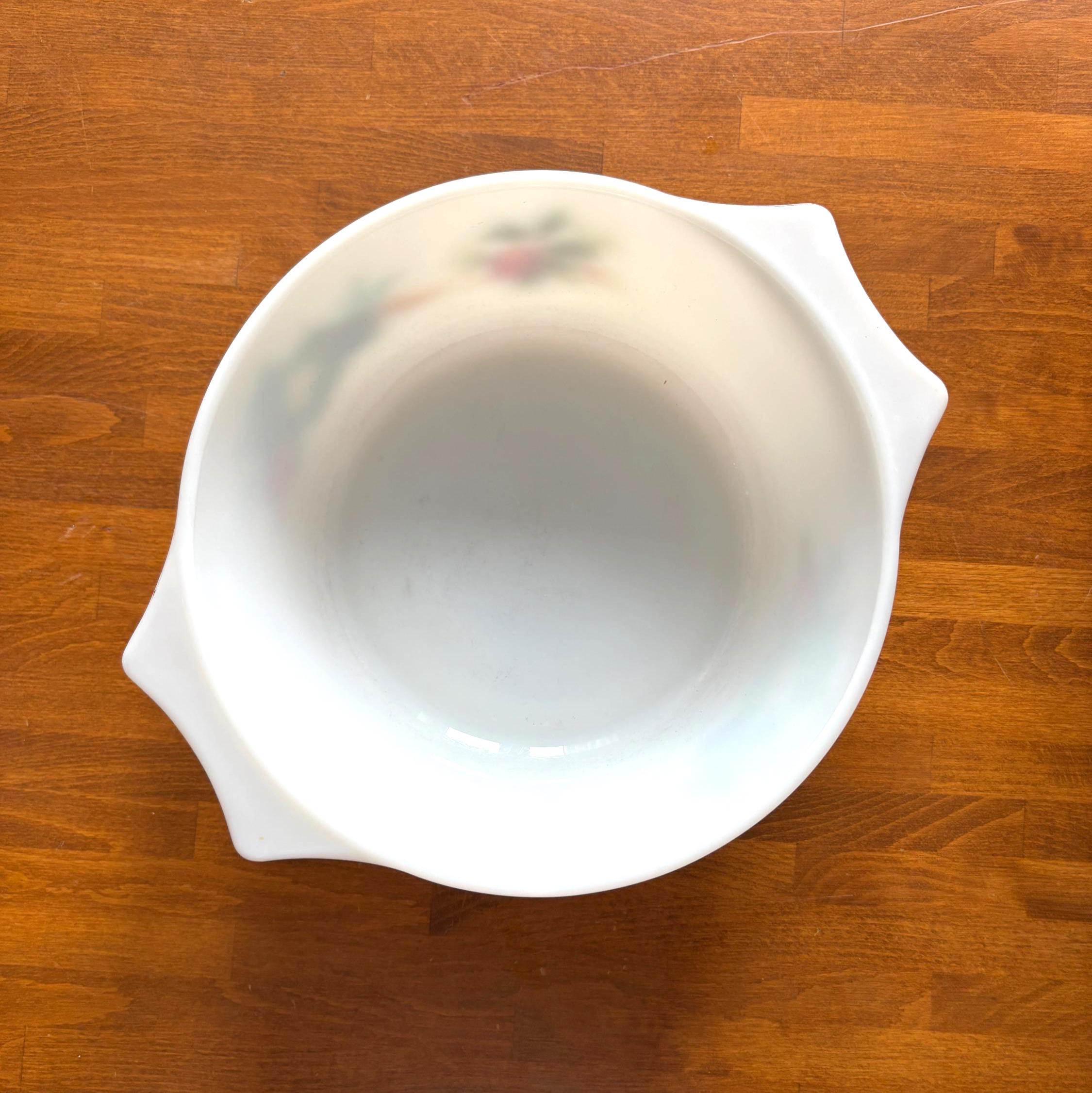 Vintage Milk Glass Casserole Dish Vegetable Pattern Mid Century Kitchen Serving Bowl Handles