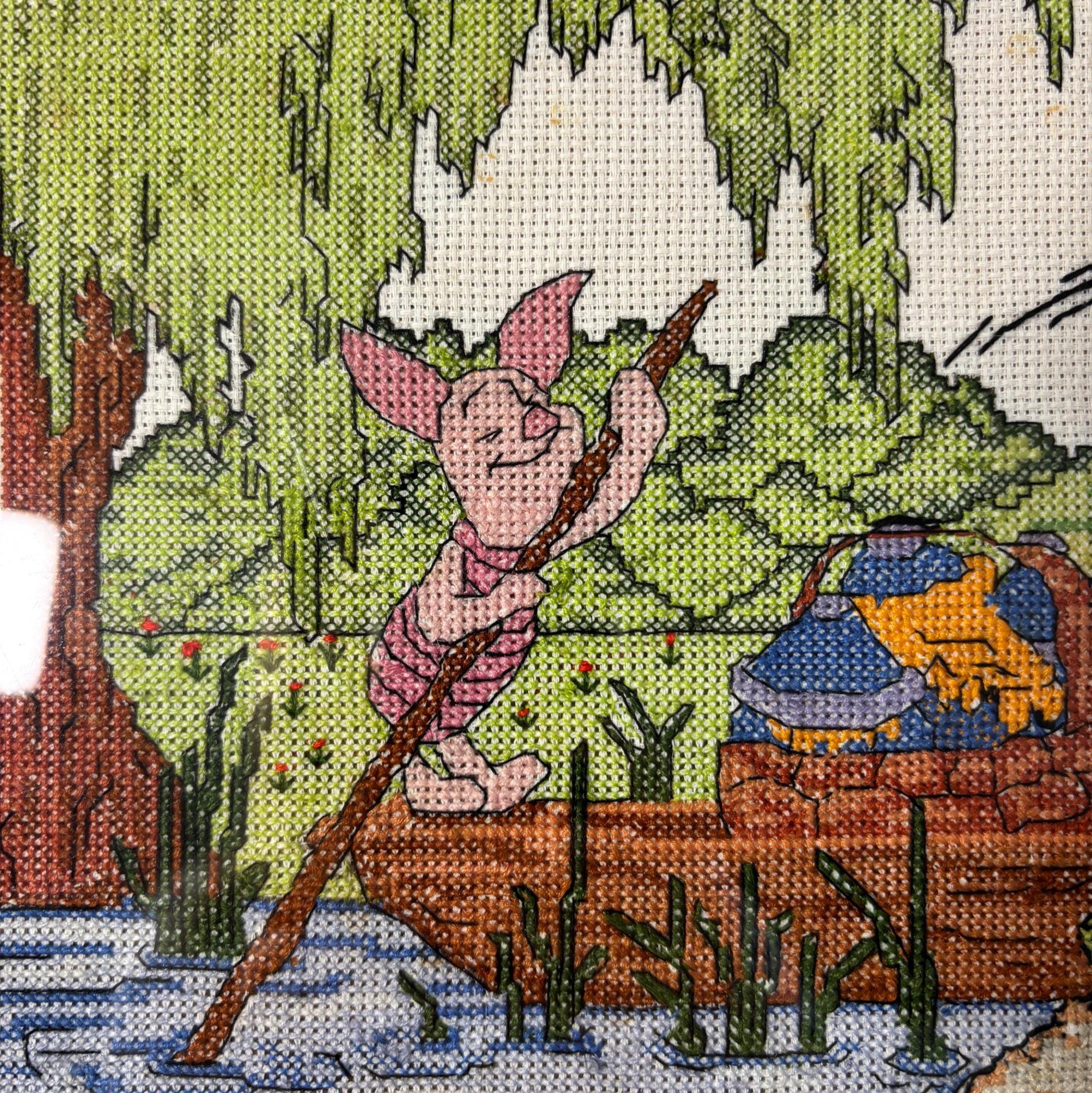 Vintage Framed Winnie the Pooh Cross Stitch Embroidery Nursery Wall Art Piglet Boat Scene