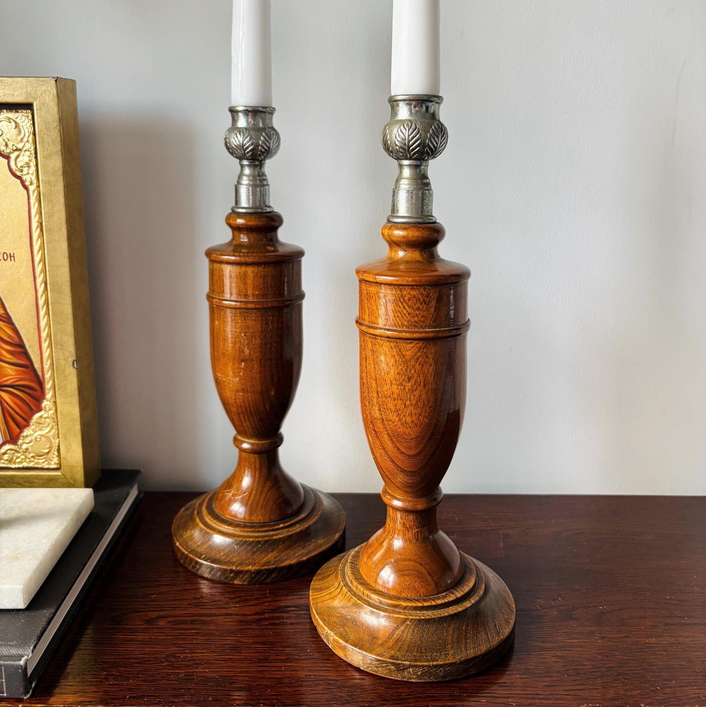 Vintage Wooden Candlesticks Pair, Turned Oak Candle Holders, Silver Tone Leaf Cups, Mantel Decor