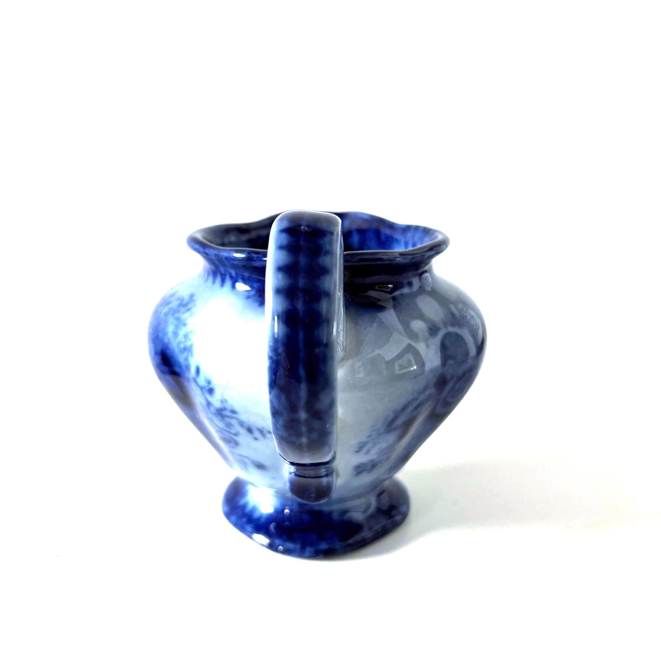 Vintage Blue and White Pottery Creamer Jug, Flow Blue Style Pedestal Milk Pitcher Floral