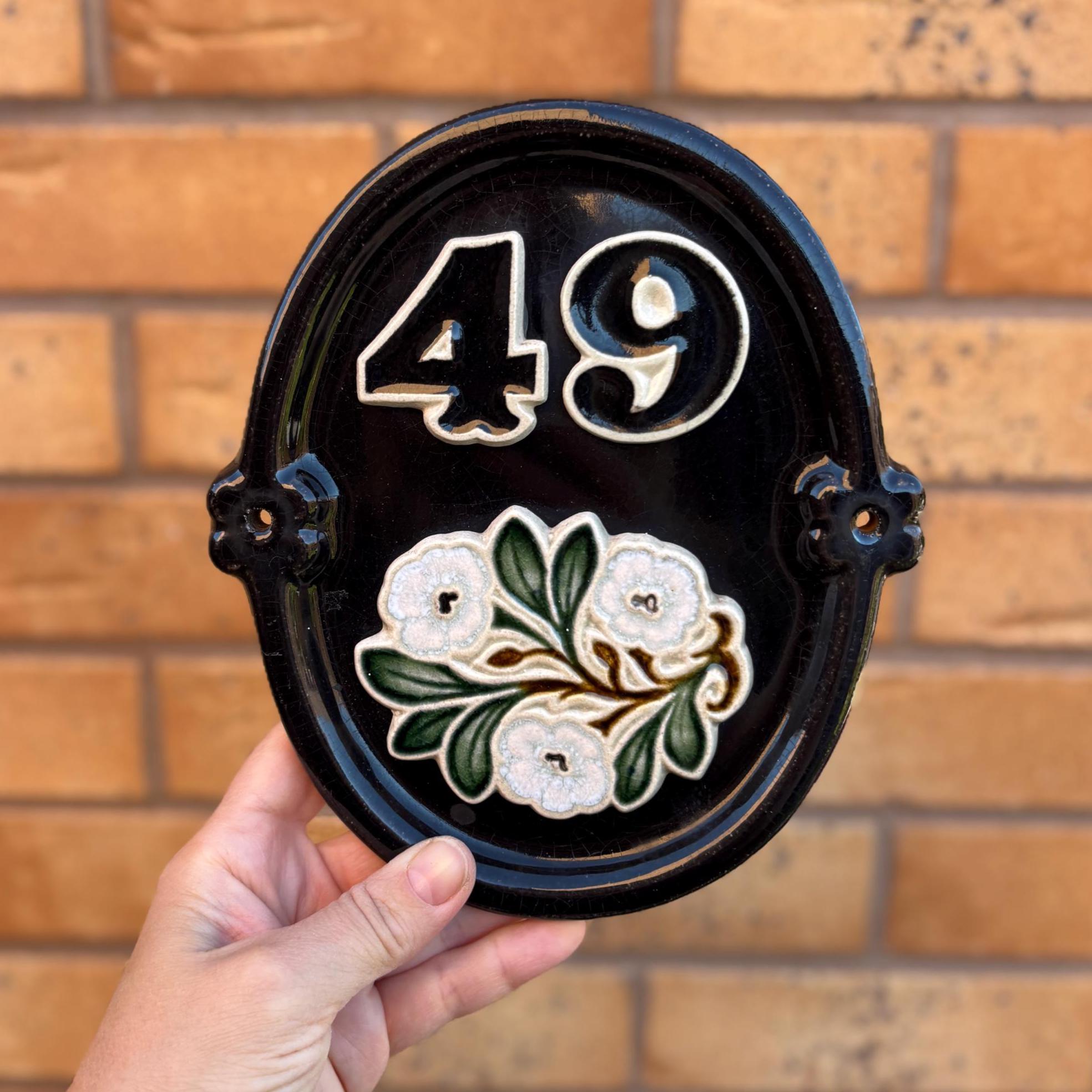 Vintage Ceramic House Number 49 Plaque Floral Door Number Sign Wall Hanging