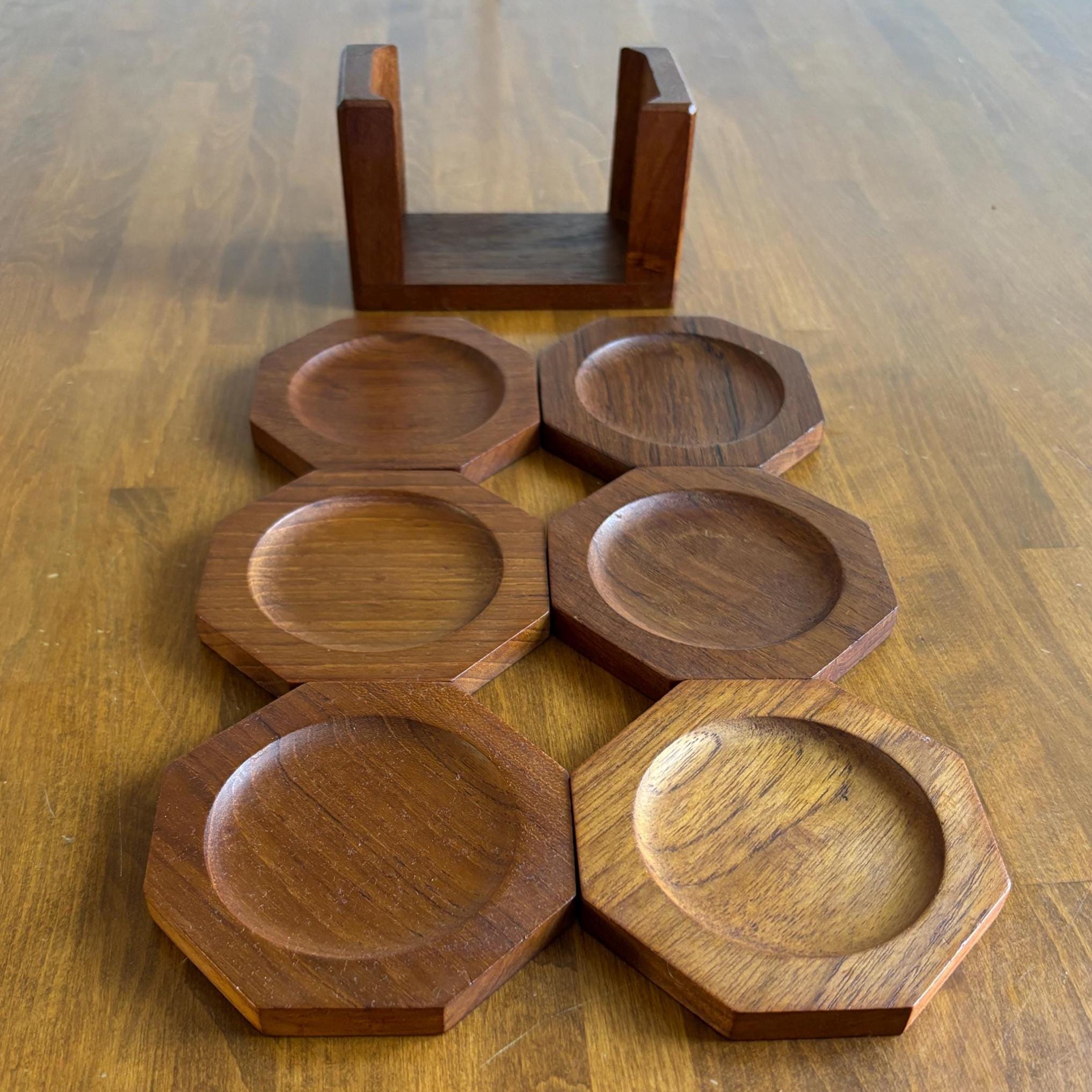 Vintage Teak Coaster Set – Danish Mid Century Modern Wooden Barware (Set of 6)