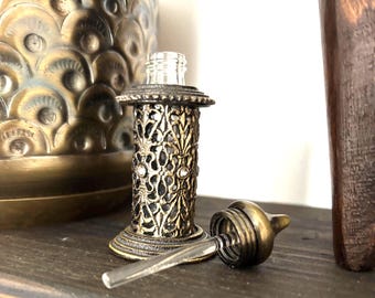 Indian Mini Attar Perfume Bottle Filigree Brass Tone Dabber Wand Rhinestones