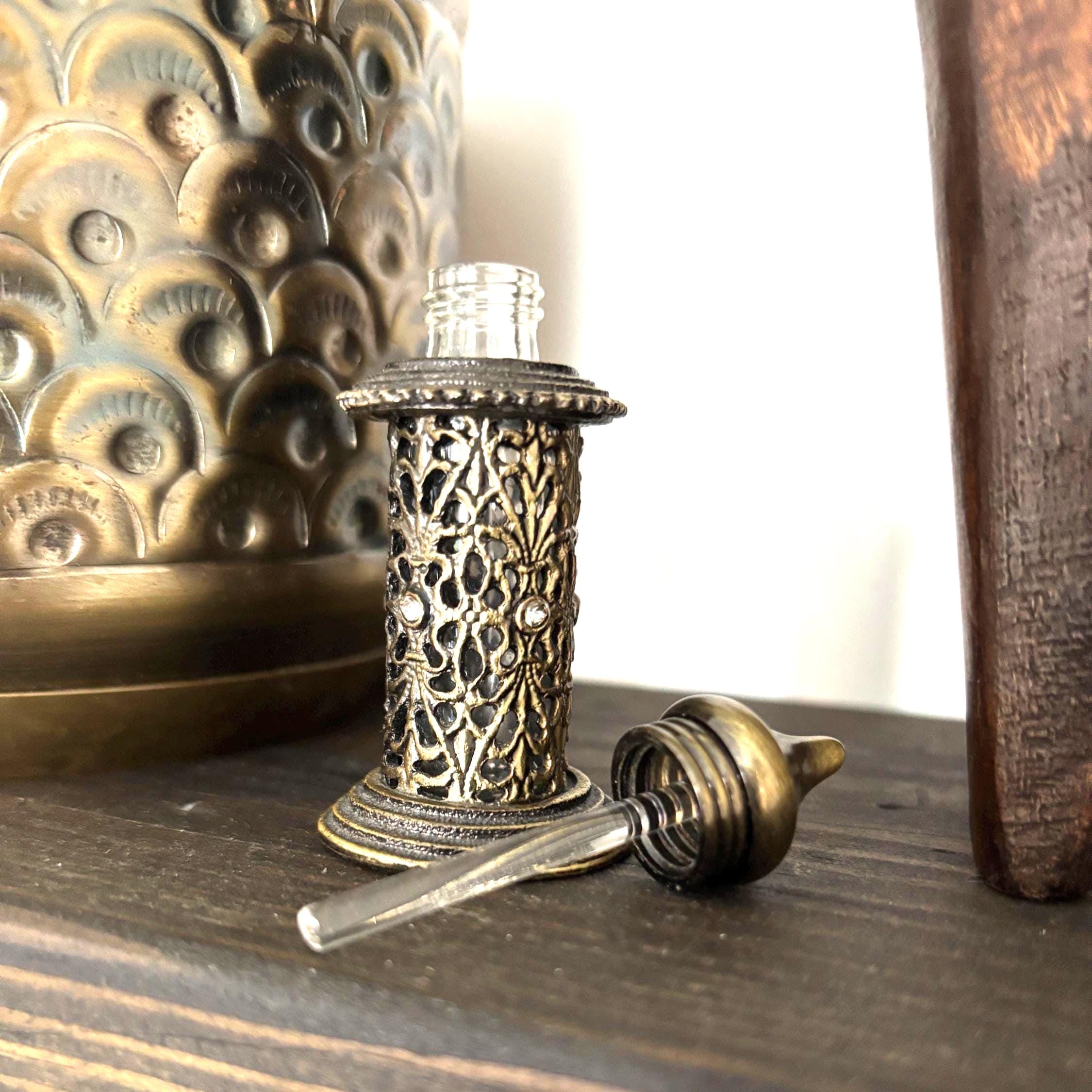 Indian Mini Attar Perfume Bottle Filigree Brass Tone Dabber Wand Rhinestones