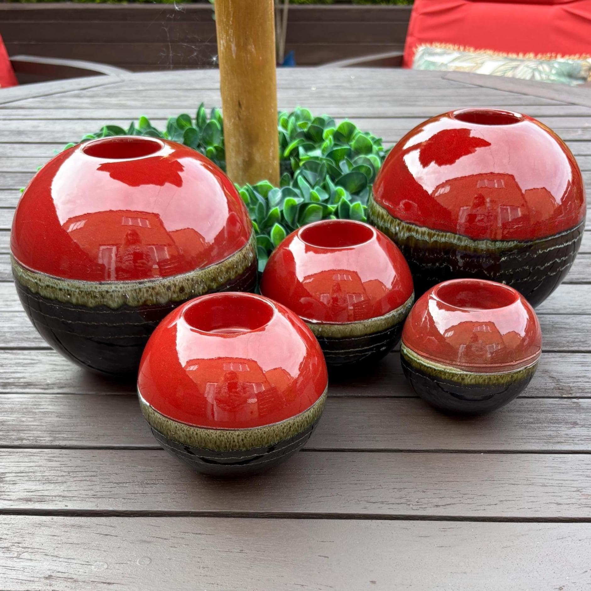 Vintage Portuguese Ceramic Candle Burners Set of 5 Red Black Glazed Tea-light Holders