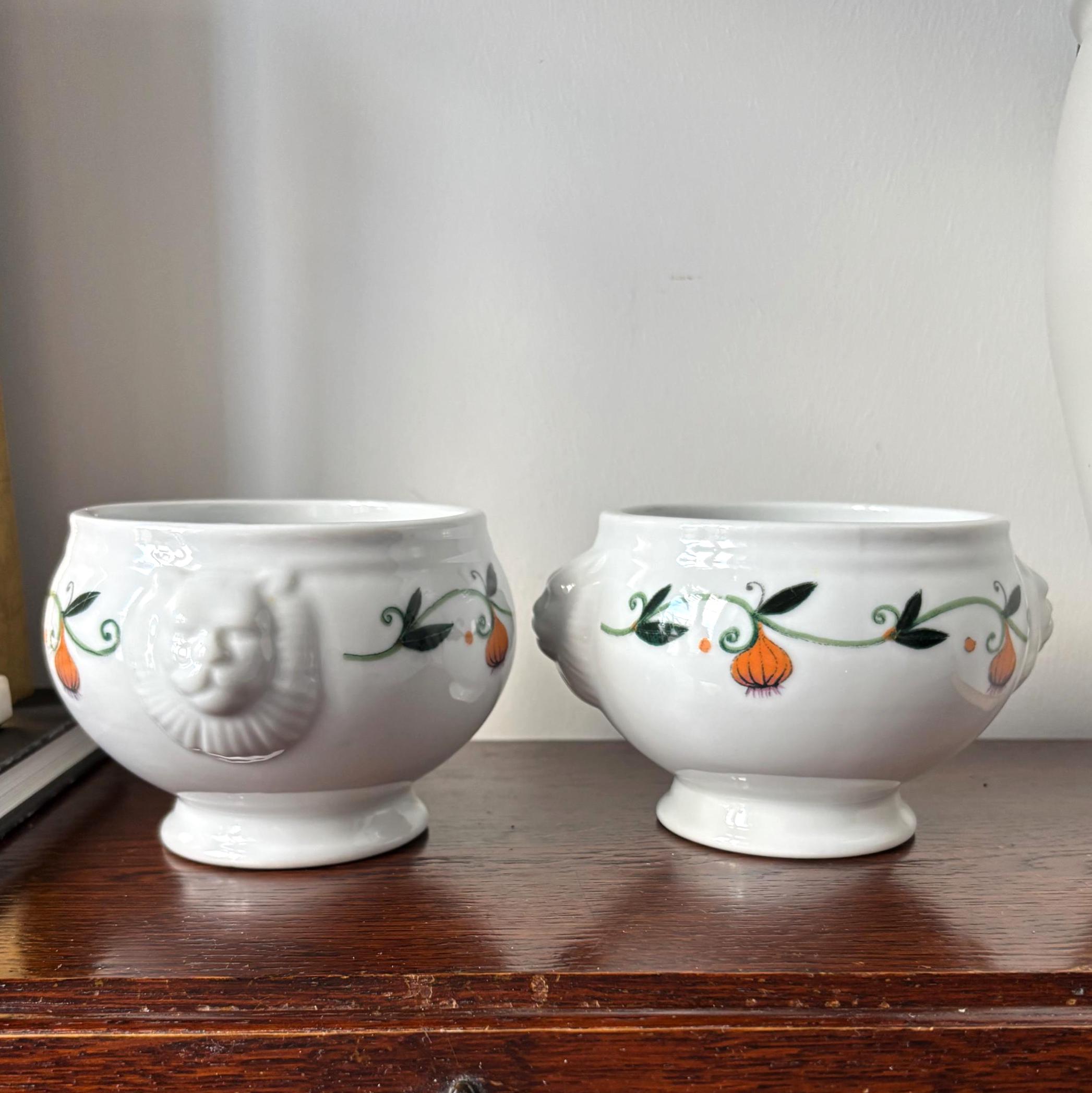 Pair Vintage White Ceramic Lion Head Bowls, Pedestal Foot, Hand-Painted Tureens