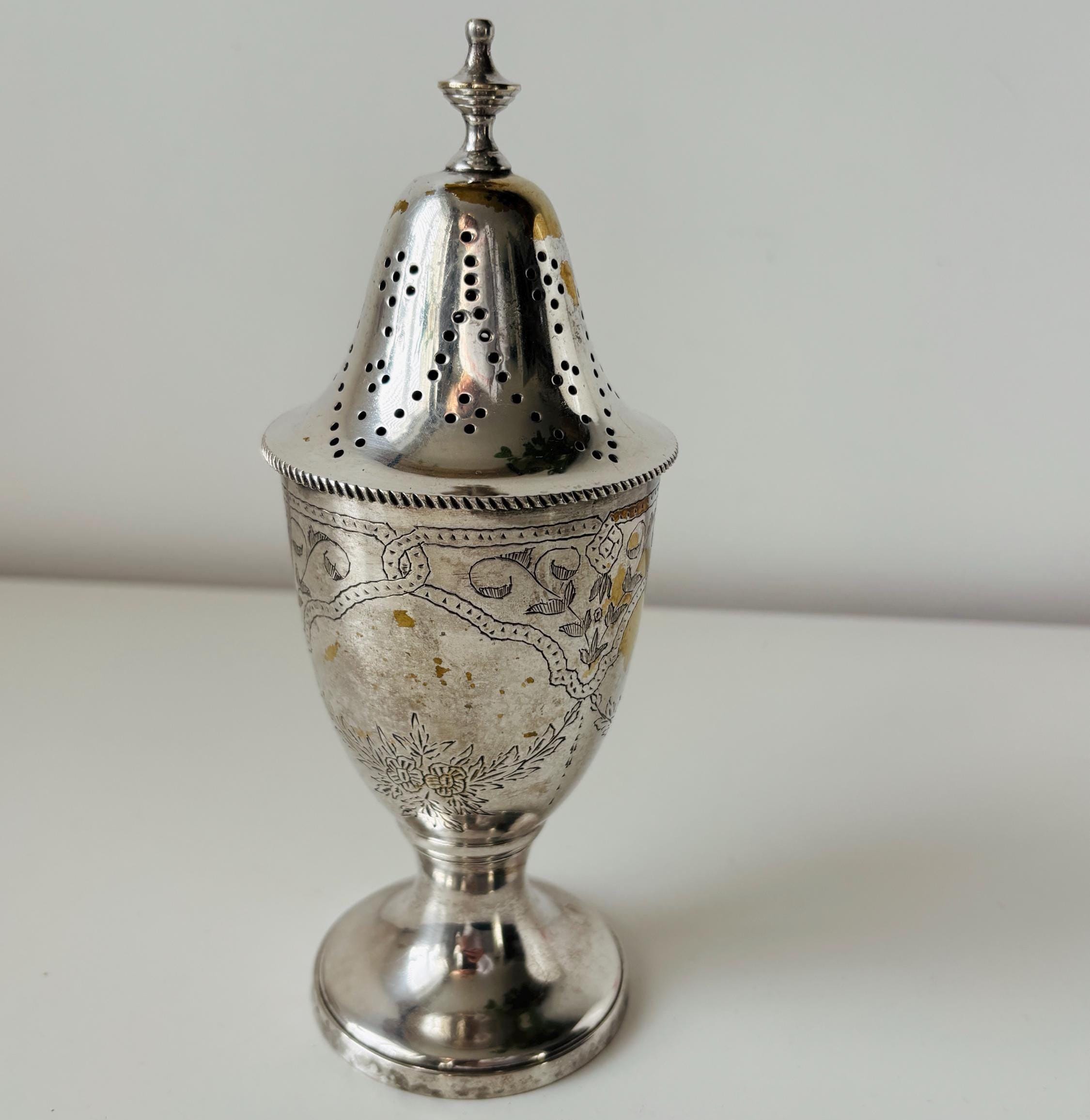 Vintage EPNS Sugar Caster, Silver Plated Muffineer, Pierced Lid Tableware