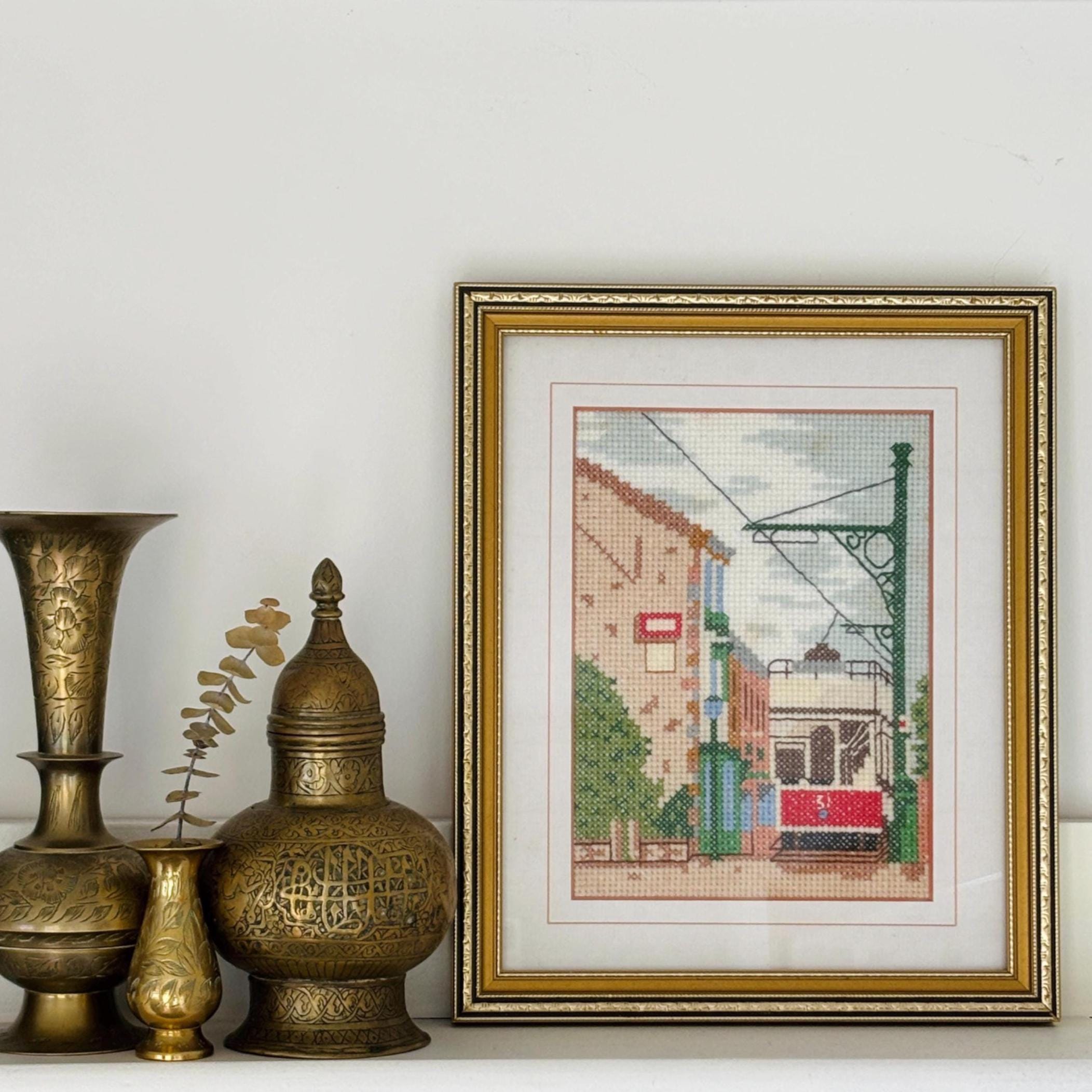 Vintage Framed Cross Stitch: Beamish Tram Embroidery Wall Art