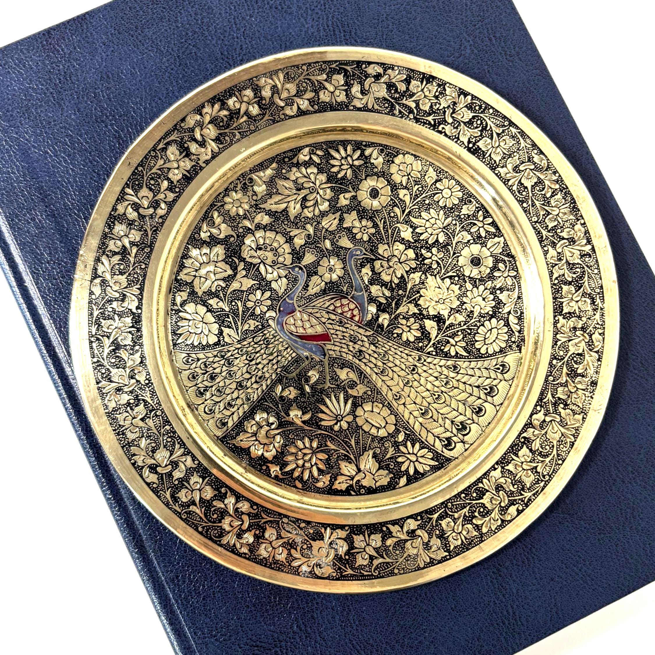 Vintage Brass Peacock Plate Etched Floral Indian Wall Hanging Decor