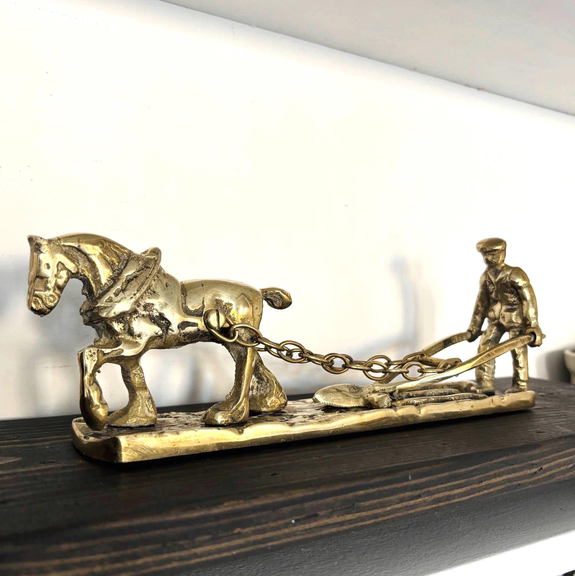 Vintage Solid Brass Horse Plough Sculpture Rustic Farm Decor Country Home Figurine