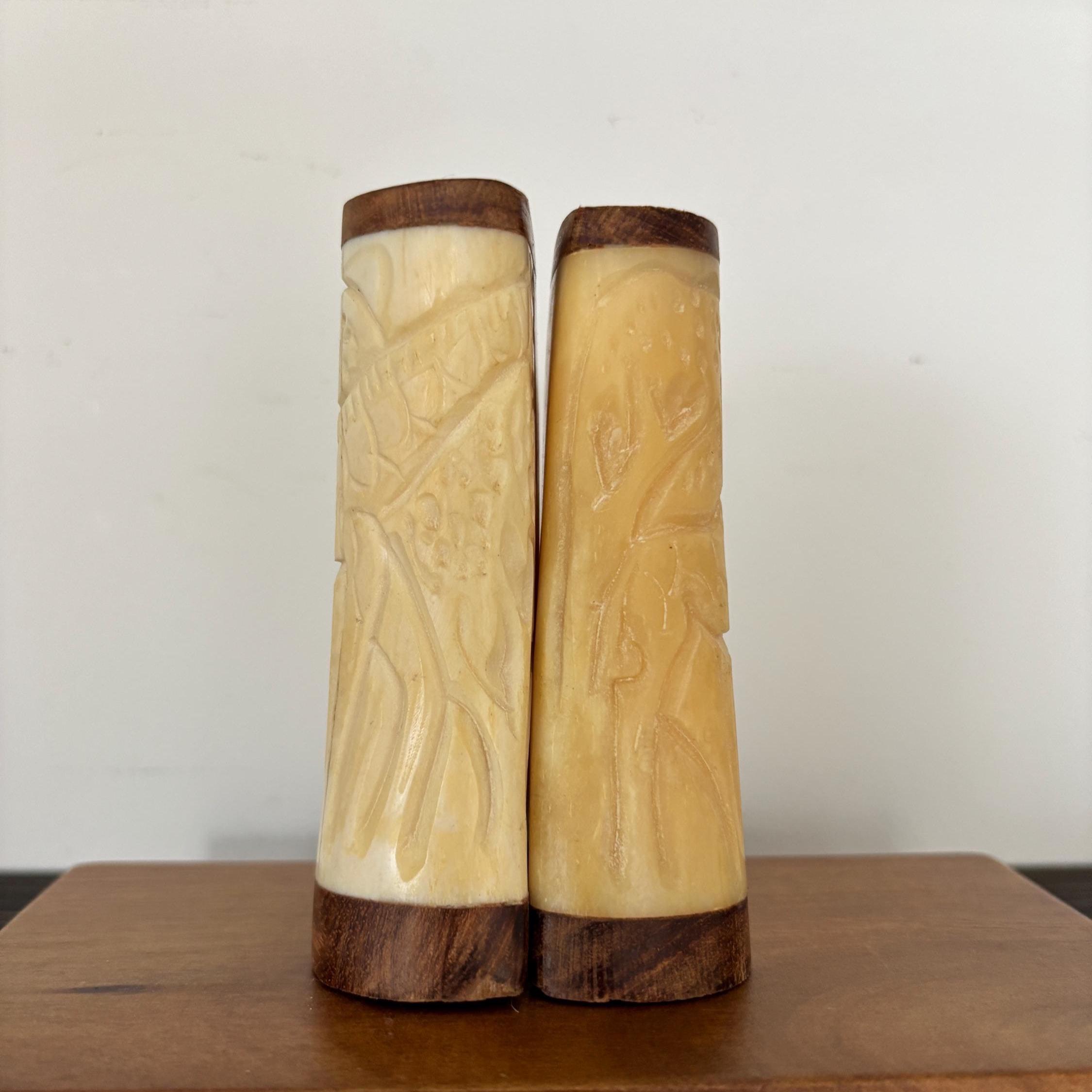 Hand Carved Bone Salt and Pepper Shakers: Giraffe Motif, African Boho Decor