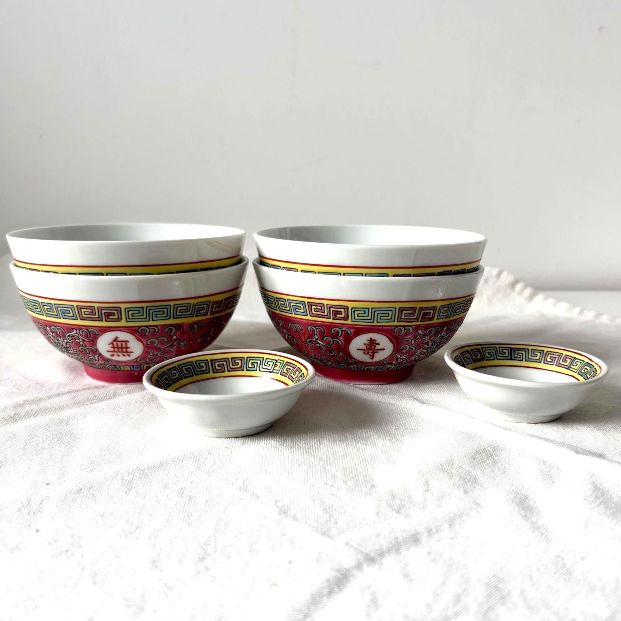 Vintage Jingdezhen Longevity Rice Bowl Set Chinese Restaurant Ware