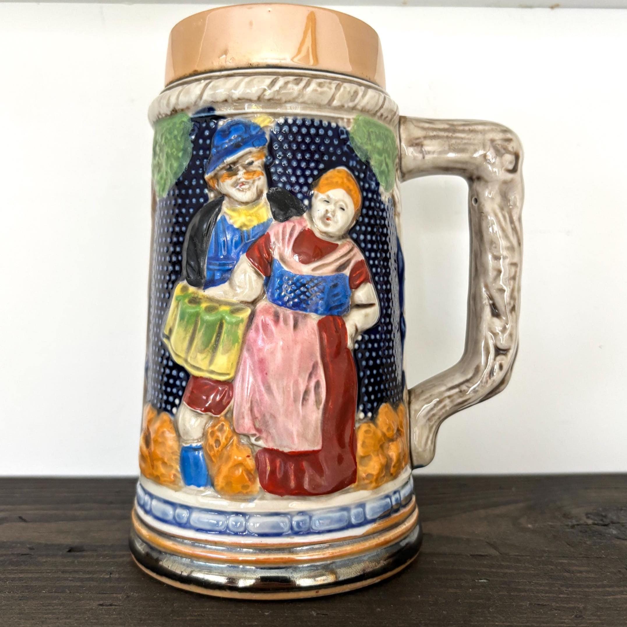 Vintage German Beer Stein | Relief Tavern Scene with Couple | West Germany